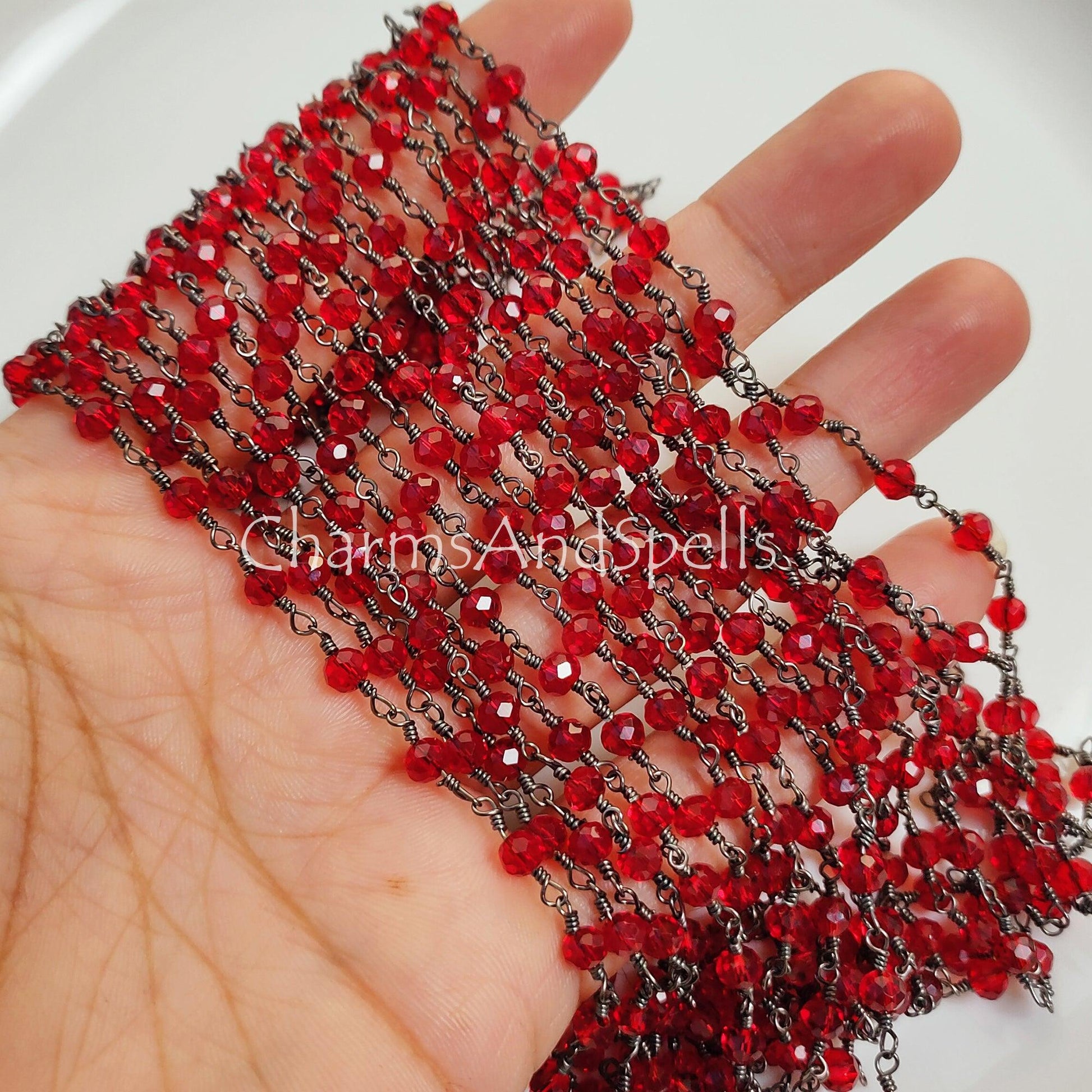 1 Feet Chain, Garnet Hydro Rondelle Rosary Chain, Rondelle Gemstone Beads, Red Garnet Bead Chain, Black Plated Chain, DIY Necklace Chain, Jewelry Making - Charms And Spells