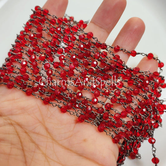 1 Feet Chain, Garnet Hydro Rondelle Rosary Chain, Rondelle Gemstone Beads, Red Garnet Bead Chain, Black Plated Chain, DIY Necklace Chain, Jewelry Making - Charms And Spells