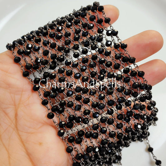 1 Feet Chain, Finished Black Onyx Beaded Chain, Wire Wrapped Onyx Beaded Chain, Rosary Bead Chain Semi Precious, Black Onyx, DIY Jewelry Making Chain,Gift - Charms And Spells