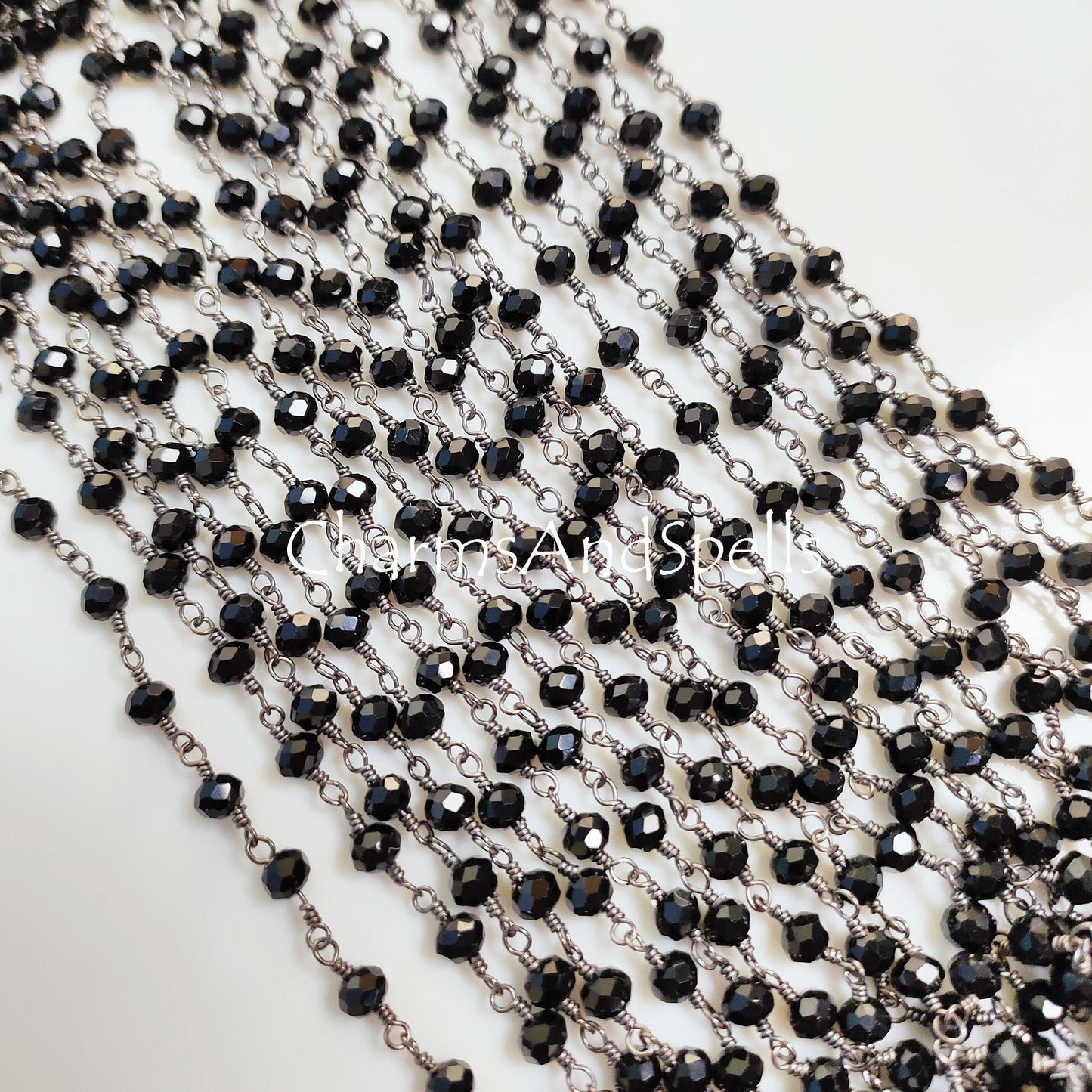 1 Feet Chain, Finished Black Onyx Beaded Chain, Wire Wrapped Onyx Beaded Chain, Rosary Bead Chain Semi Precious, Black Onyx, DIY Jewelry Making Chain,Gift - Charms And Spells