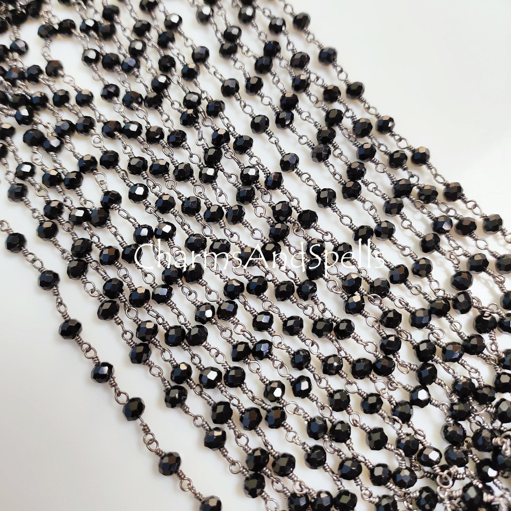 1 Feet Chain, Finished Black Onyx Beaded Chain, Wire Wrapped Onyx Beaded Chain, Rosary Bead Chain Semi Precious, Black Onyx, DIY Jewelry Making Chain,Gift - Charms And Spells