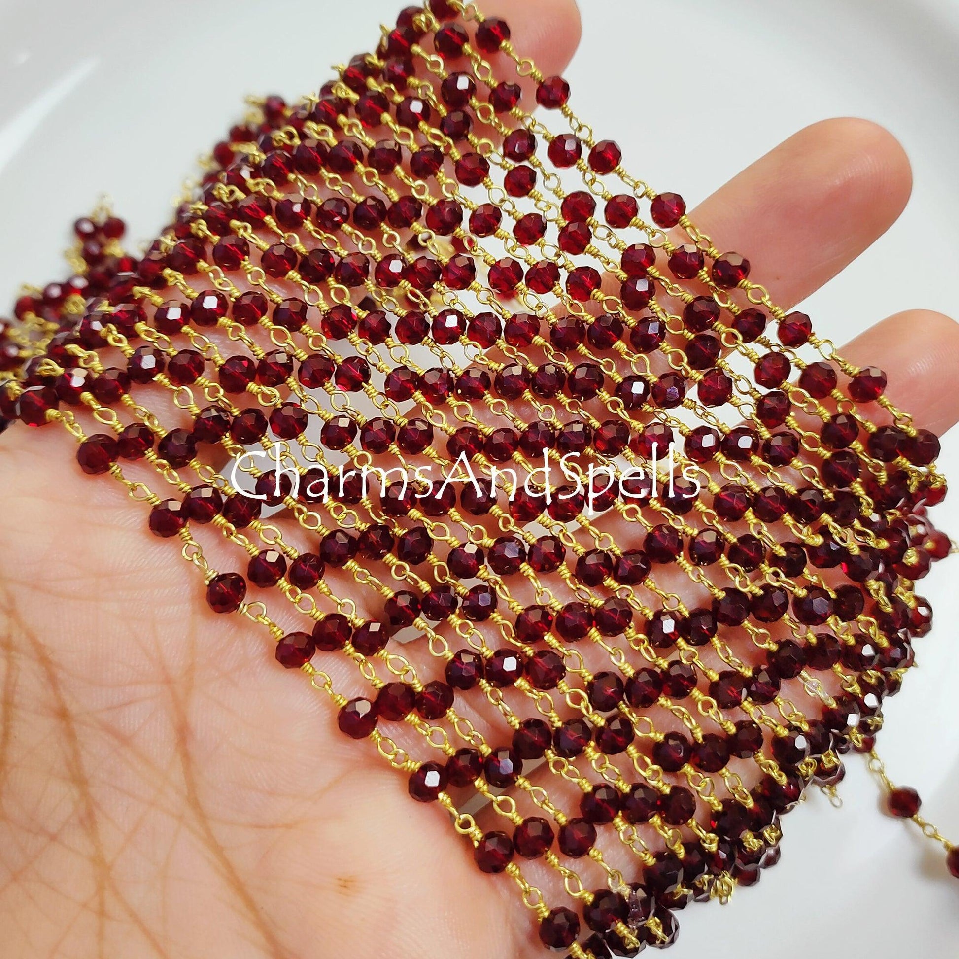 1 Feet Chain, Garnet Wire Wrapped Rosary Chain, 4-4.50 mm Gemstone Rosary Chain, Faceted Rosary Beaded Chain, Gold Plated Chain, Jewelry Making Supplies - Charms And Spells