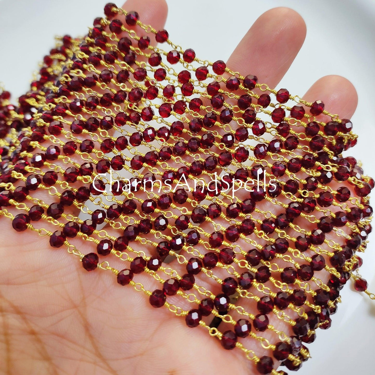 1 Feet Chain, Garnet Wire Wrapped Rosary Chain, 4-4.50 mm Gemstone Rosary Chain, Faceted Rosary Beaded Chain, Gold Plated Chain, Jewelry Making Supplies - Charms And Spells