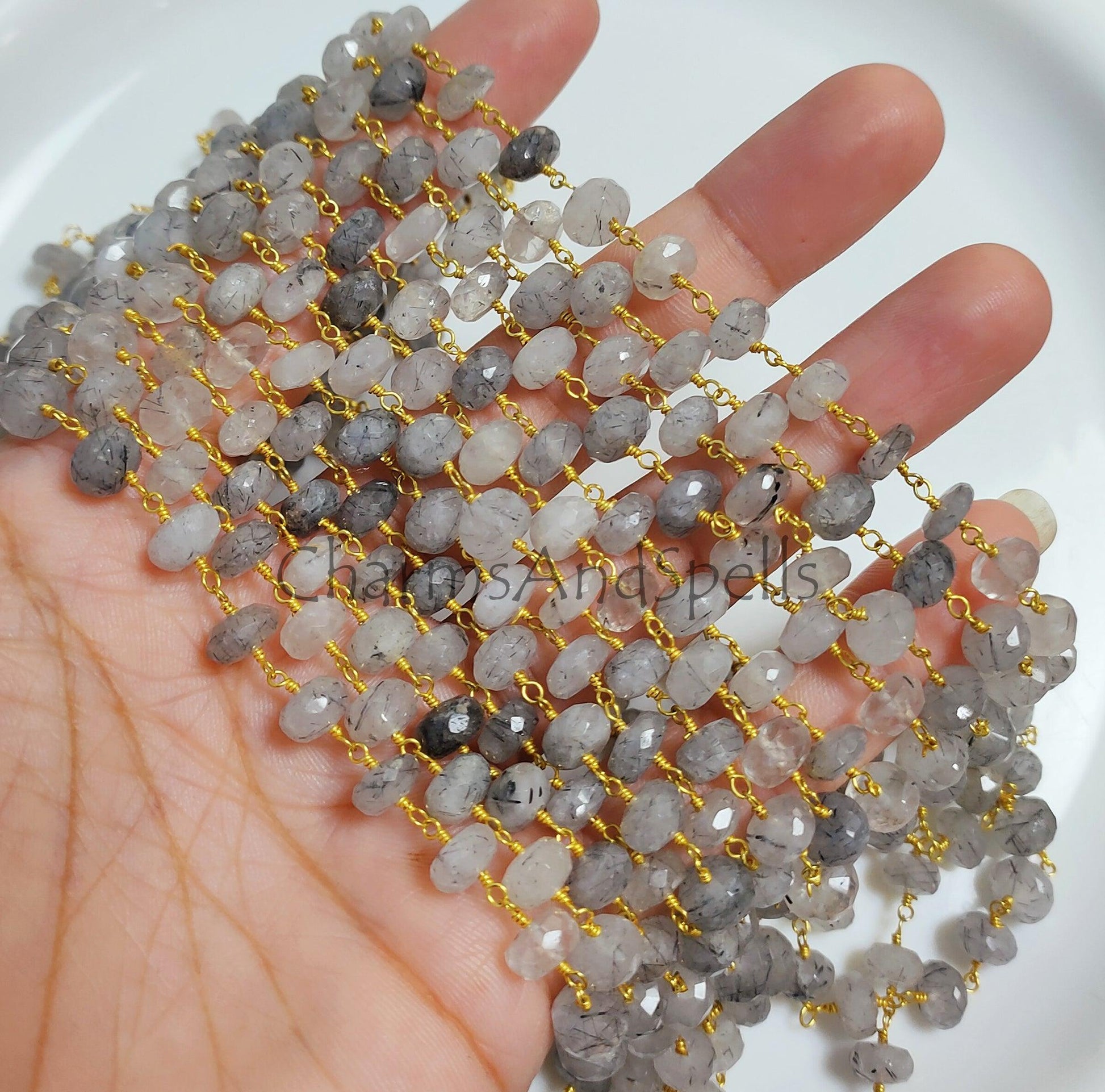 1 Feet Chain, Black Rutile Gold plated Wire Wrapped Chain 3.5x8.5-6x8.5mm Gemstone Beaded Rosary, Jewelry Making Supplies, DIY Jewelry Making, Wholesale - Charms And Spells