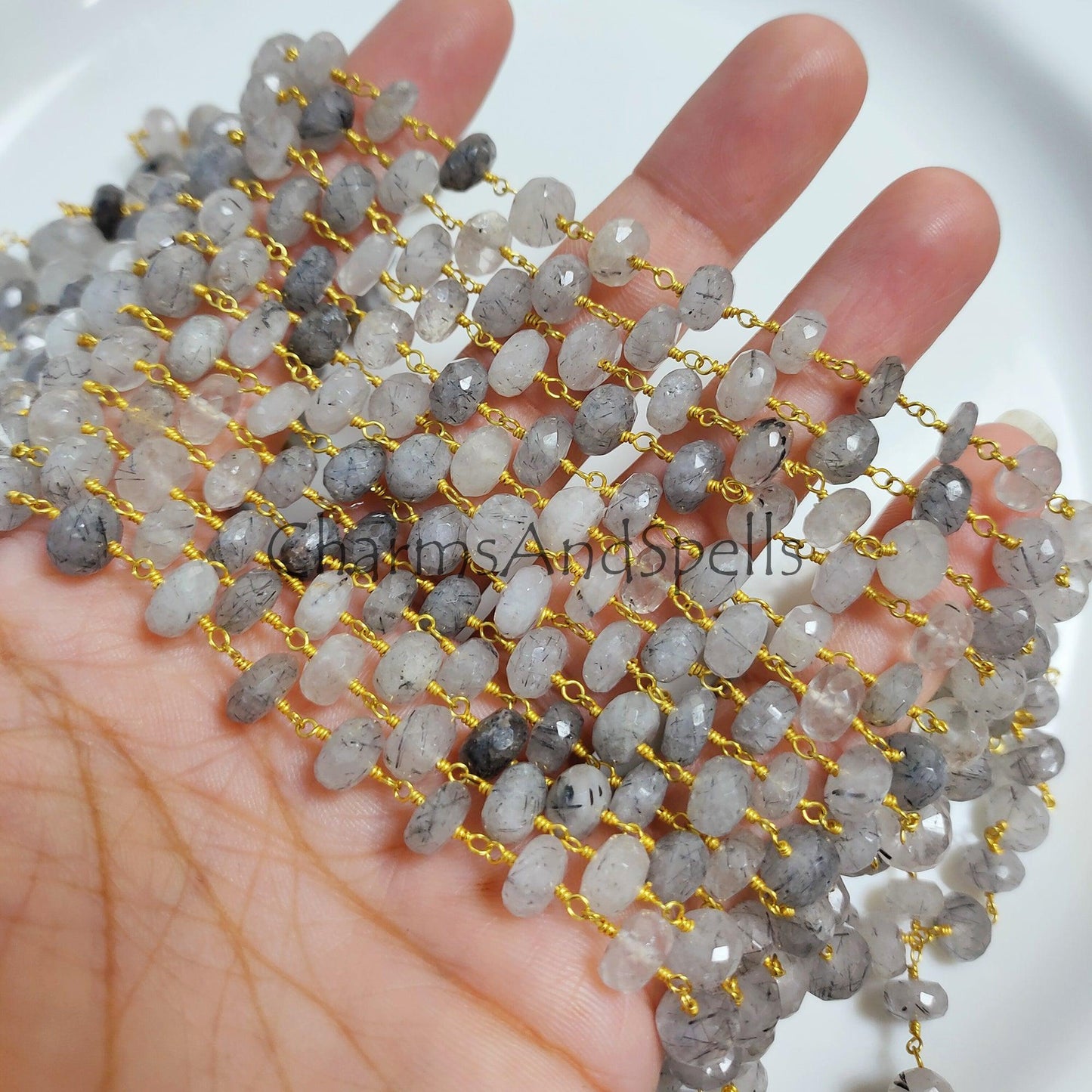 1 Feet Chain, Black Rutile Gold plated Wire Wrapped Chain 3.5x8.5-6x8.5mm Gemstone Beaded Rosary, Jewelry Making Supplies, DIY Jewelry Making, Wholesale - Charms And Spells