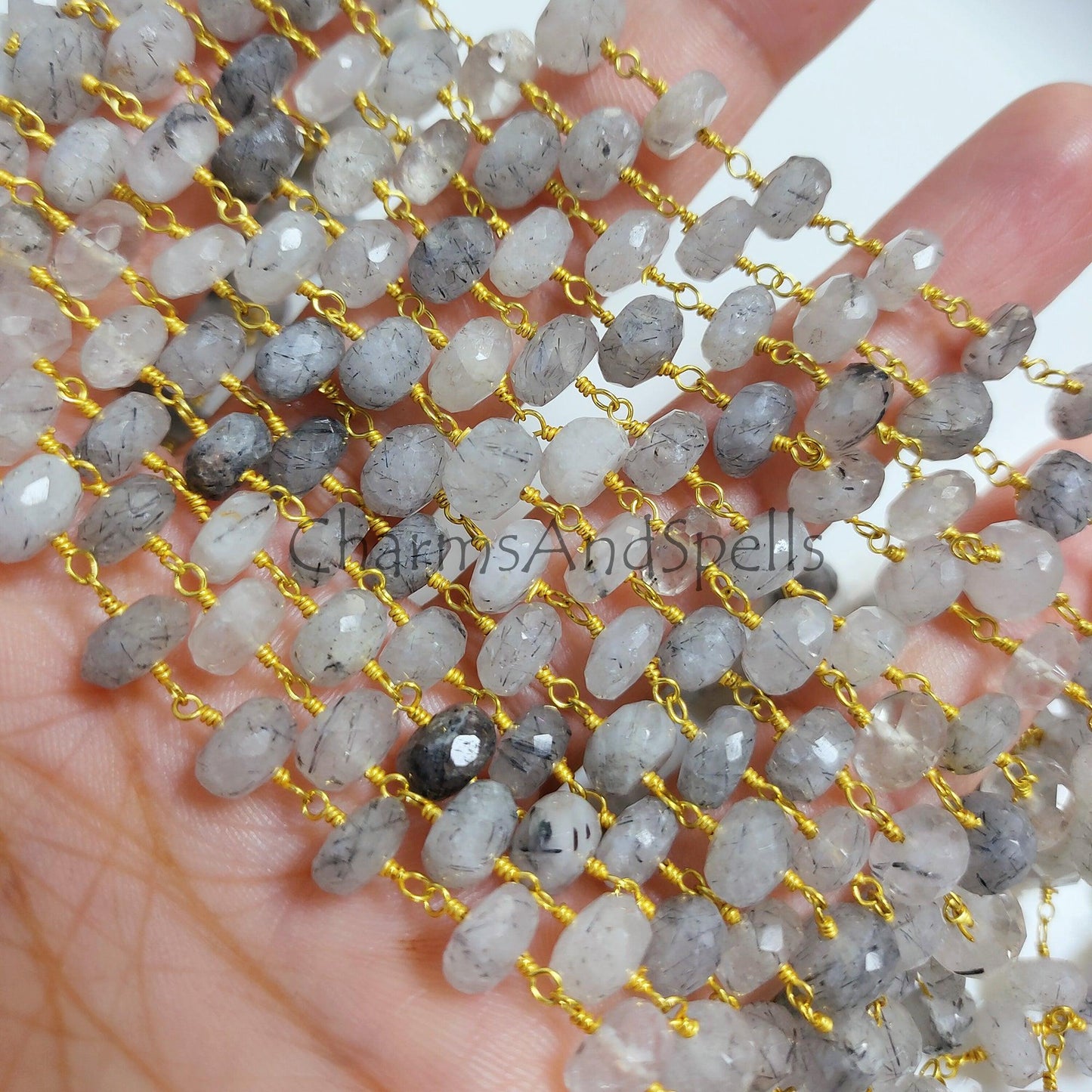 1 Feet Chain, Black Rutile Gold plated Wire Wrapped Chain 3.5x8.5-6x8.5mm Gemstone Beaded Rosary, Jewelry Making Supplies, DIY Jewelry Making, Wholesale - Charms And Spells