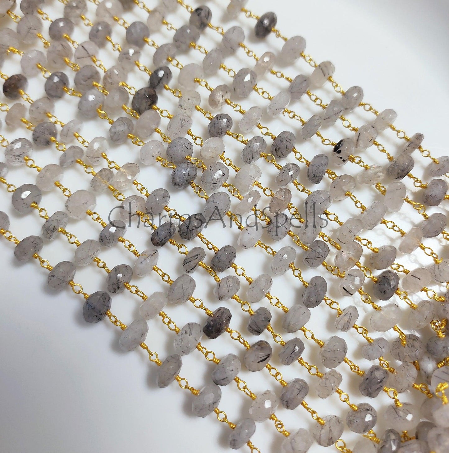 1 Feet Chain, Black Rutile Gold plated Wire Wrapped Chain 3.5x8.5-6x8.5mm Gemstone Beaded Rosary, Jewelry Making Supplies, DIY Jewelry Making, Wholesale - Charms And Spells