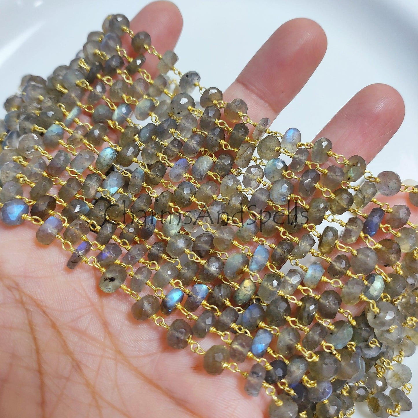 1 Feet Chain, Labradorite Beaded Rosary Chain, Gold Plated 3.5x8.5-6x8.5mm Gemstone Wire Wrapped Beads Chain, Wholesale Chain, Boho Jewelry, DIY Jewelry - Charms And Spells