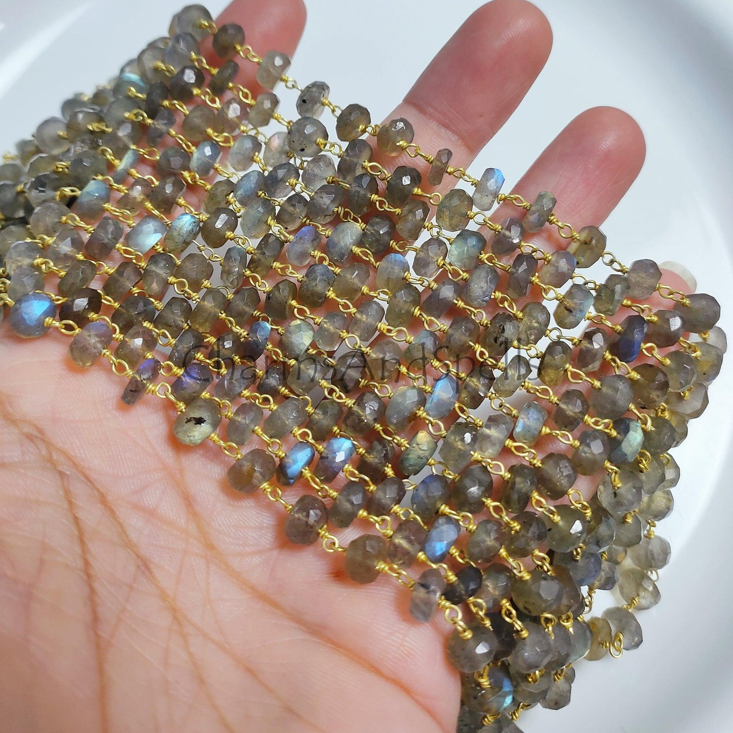 1 Feet Chain, Labradorite Beaded Rosary Chain, Gold Plated 3.5x8.5-6x8.5mm Gemstone Wire Wrapped Beads Chain, Wholesale Chain, Boho Jewelry, DIY Jewelry - Charms And Spells