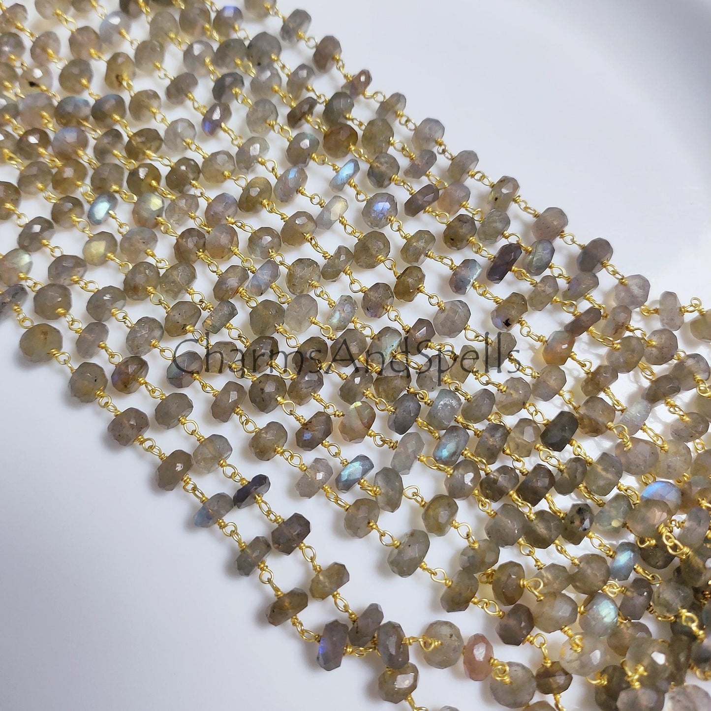 1 Feet Chain, Labradorite Beaded Rosary Chain, Gold Plated 3.5x8.5-6x8.5mm Gemstone Wire Wrapped Beads Chain, Wholesale Chain, Boho Jewelry, DIY Jewelry - Charms And Spells