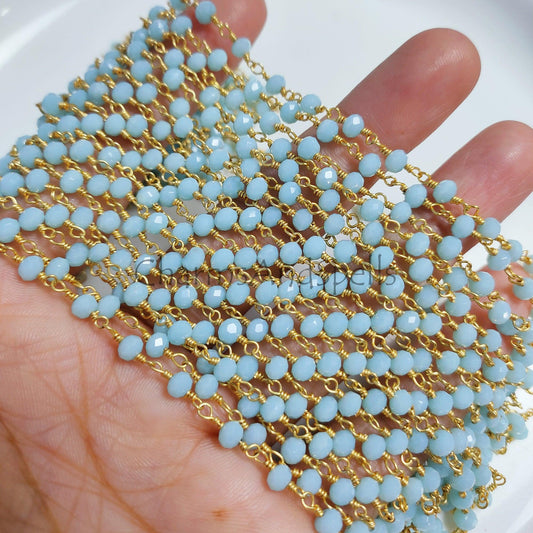 1 Feet Chain, Blue Opal Rosary Chain, Gold Plated Wire Wrapped Beaded Chain, DIY Jewelry Making Rosary Chain, 3-4.5 mm Rondelle Beaded Chain, Body Chain - Charms And Spells