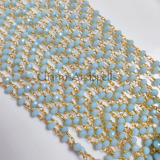 1 Feet Chain, Blue Opal Rosary Chain, Gold Plated Wire Wrapped Beaded Chain, DIY Jewelry Making Rosary Chain, 3-4.5 mm Rondelle Beaded Chain, Body Chain - Charms And Spells