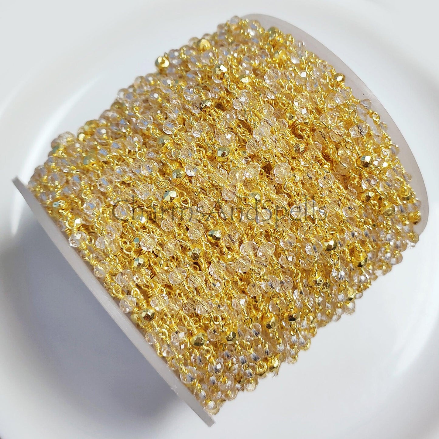 1 Feet Chain, Clear Crystal Quartz Rondelle Faceted Rosary Style Beaded Chain, Gold Plated 2.5x4-3.5 mm Wire Wrapped Chain, Golden Pyrite Rosary Chain - Charms And Spells