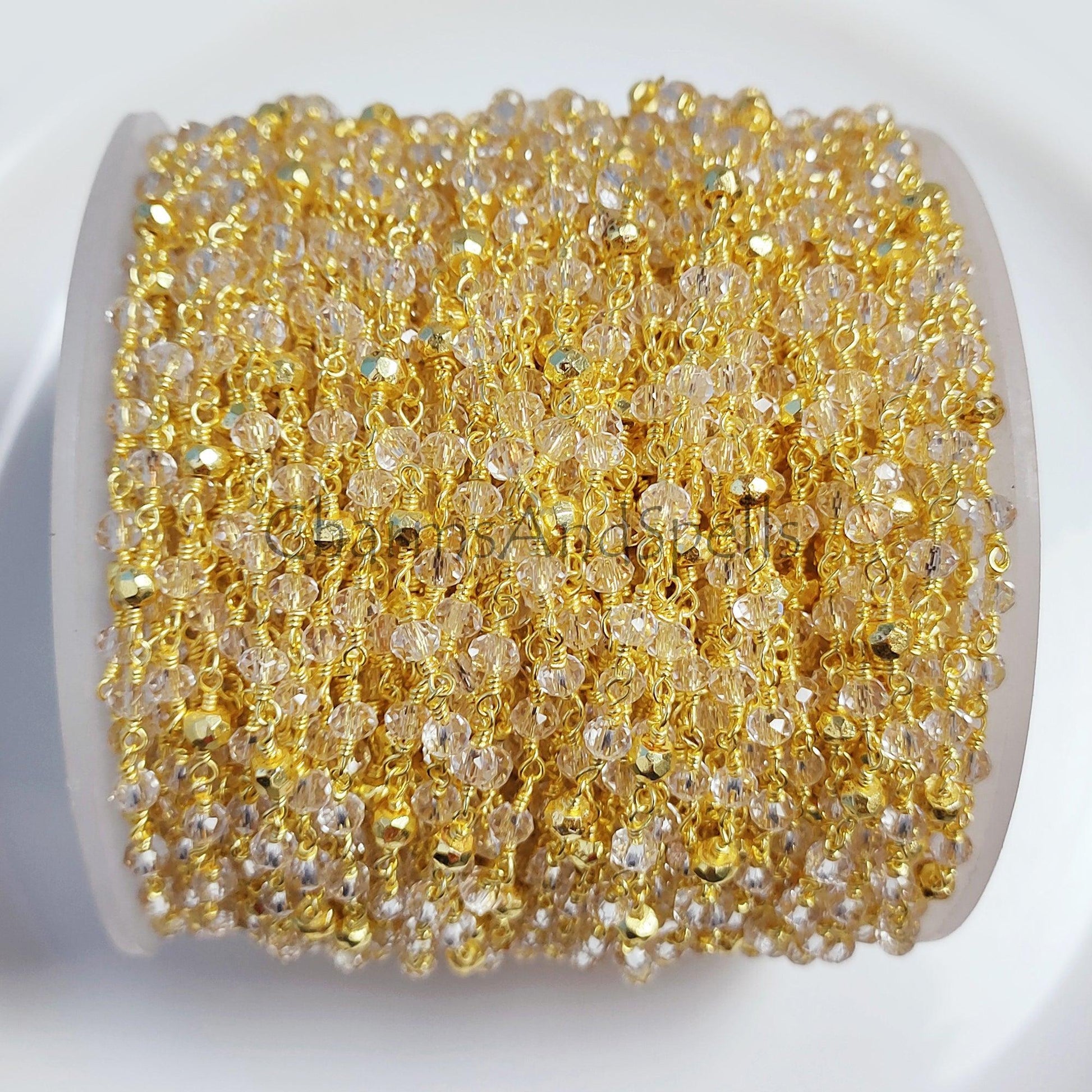 1 Feet Chain, Clear Crystal Quartz Rondelle Faceted Rosary Style Beaded Chain, Gold Plated 2.5x4-3.5 mm Wire Wrapped Chain, Golden Pyrite Rosary Chain - Charms And Spells