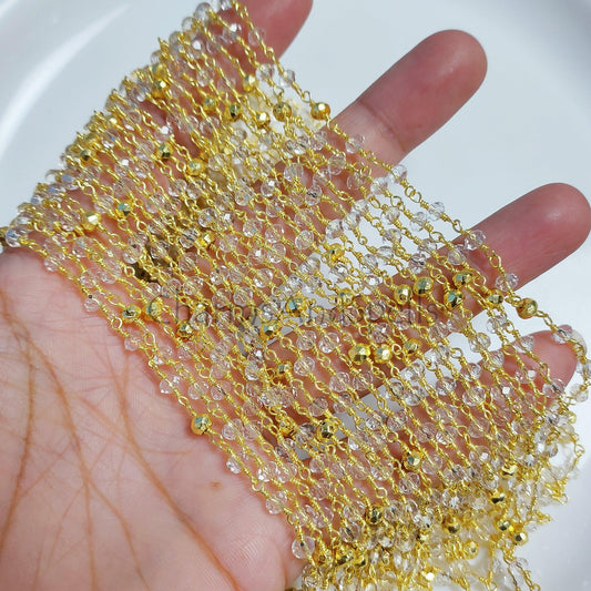 1 Feet Chain, Clear Crystal Quartz Rondelle Faceted Rosary Style Beaded Chain, Gold Plated 2.5x4-3.5 mm Wire Wrapped Chain, Golden Pyrite Rosary Chain - Charms And Spells