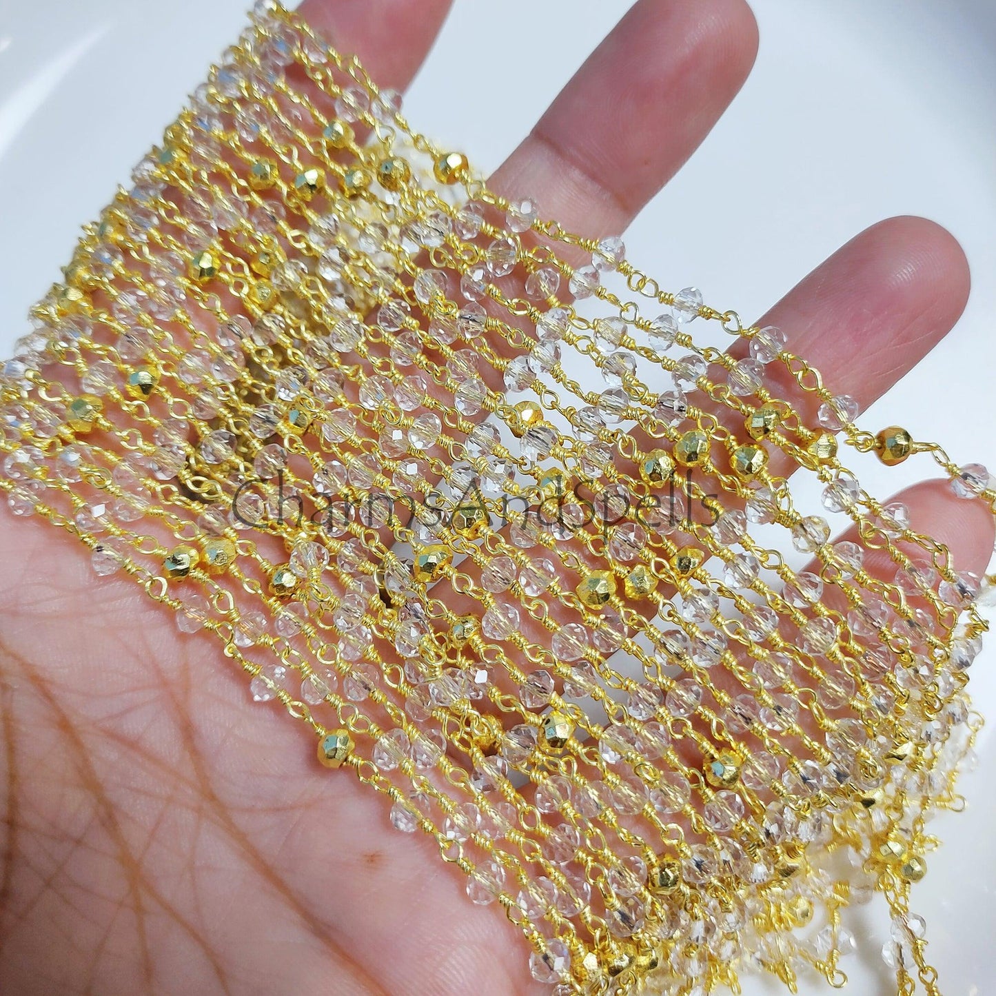 1 Feet Chain, Clear Crystal Quartz Rondelle Faceted Rosary Style Beaded Chain, Gold Plated 2.5x4-3.5 mm Wire Wrapped Chain, Golden Pyrite Rosary Chain - Charms And Spells