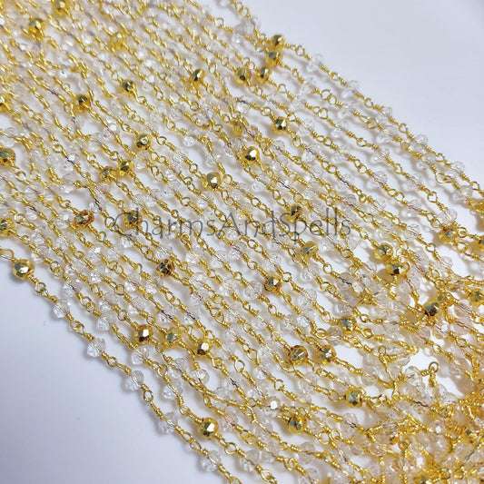 1 Feet Chain, Clear Crystal Quartz Rondelle Faceted Rosary Style Beaded Chain, Gold Plated 2.5x4-3.5 mm Wire Wrapped Chain, Golden Pyrite Rosary Chain - Charms And Spells