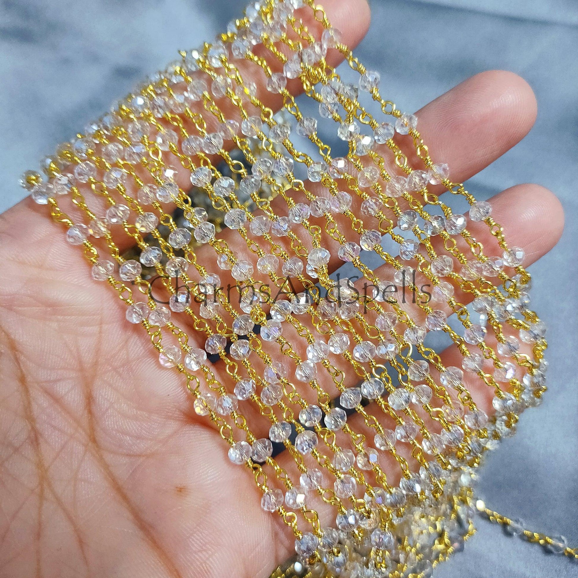 1 Feet Chain, Clear Crystal Quartz Gemstone Rosary Chain, 4 mm Wire Wrapped Chain, Gold Plated Beaded Chain, Handmade Beads Chain,Wholesale Jewelry Making - Charms And Spells