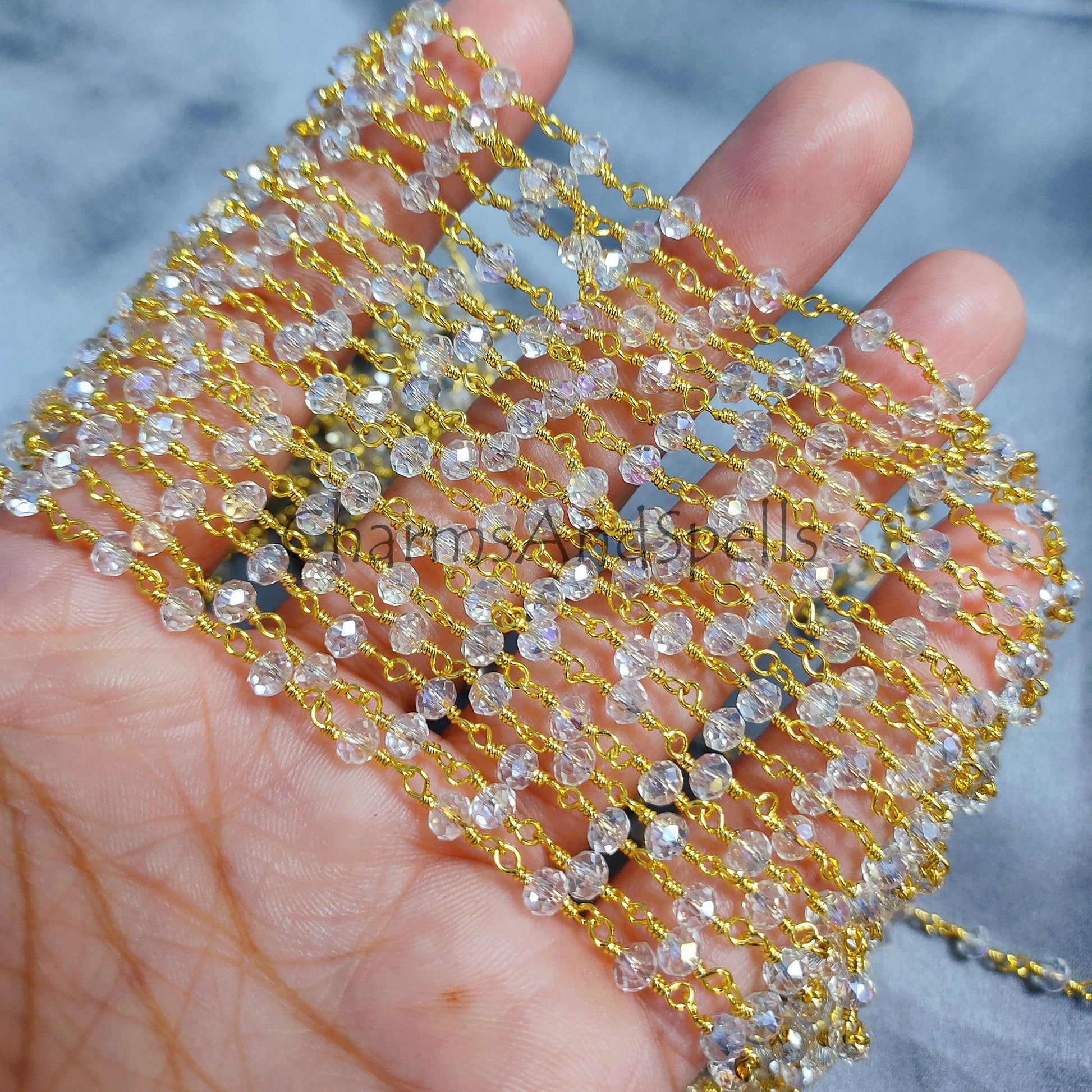 1 Feet Chain, Clear Crystal Quartz Gemstone Rosary Chain, 4 mm Wire Wrapped Chain, Gold Plated Beaded Chain, Handmade Beads Chain,Wholesale Jewelry Making - Charms And Spells