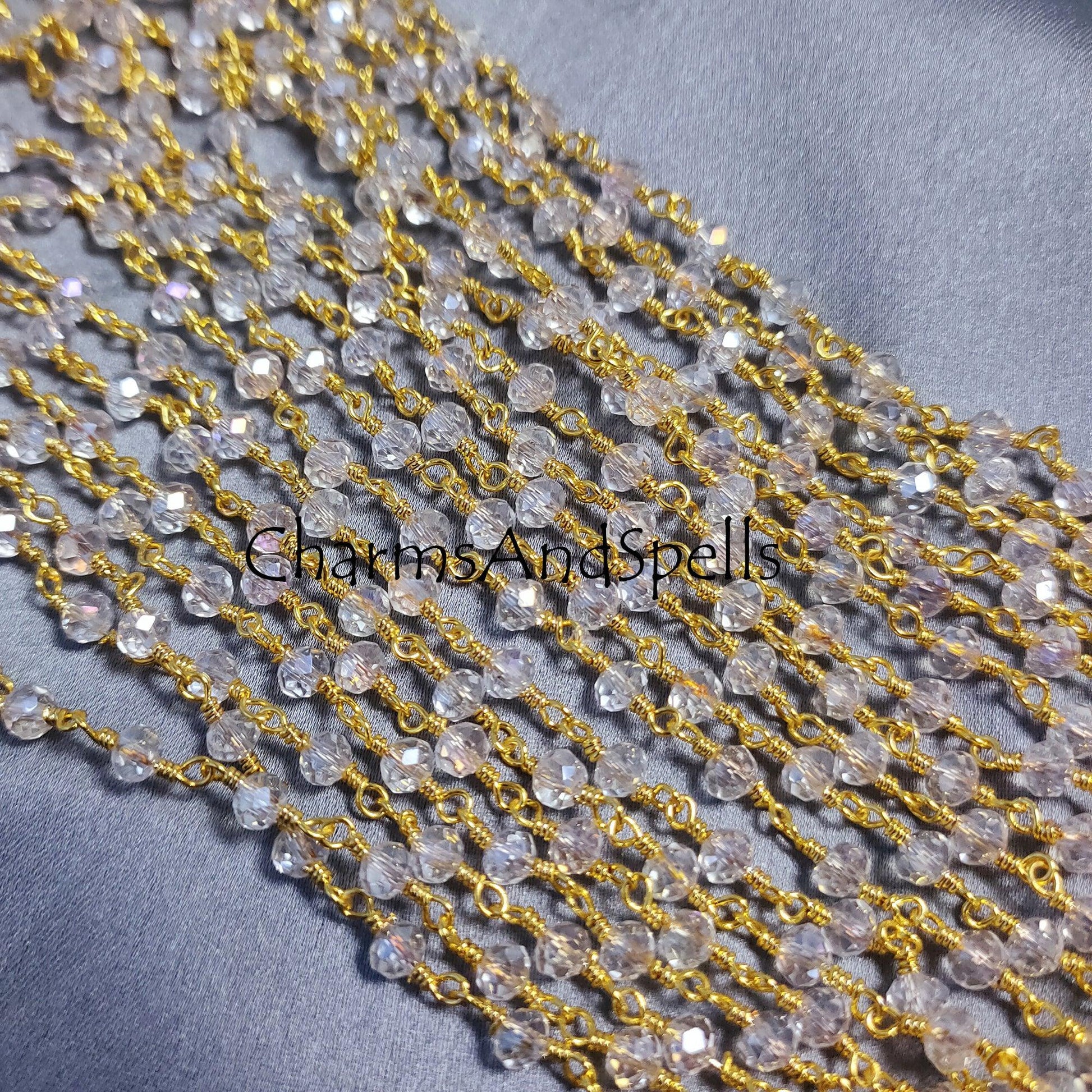 1 Feet Chain, Clear Crystal Quartz Gemstone Rosary Chain, 4 mm Wire Wrapped Chain, Gold Plated Beaded Chain, Handmade Beads Chain,Wholesale Jewelry Making - Charms And Spells