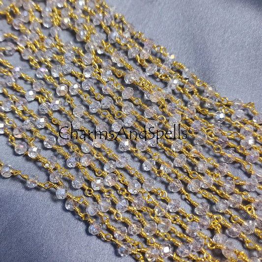 1 Feet Chain, Clear Crystal Quartz Gemstone Rosary Chain, 4 mm Wire Wrapped Chain, Gold Plated Beaded Chain, Handmade Beads Chain,Wholesale Jewelry Making - Charms And Spells