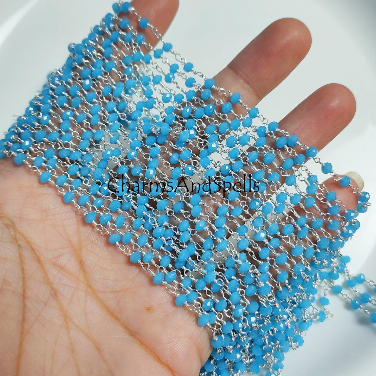 1 Feet Chain, Blue Chalcedony Beaded Rosary Chain, Silver Plated Rondelle 3-3.5 mm Gemstone Rosary Chain, DIY Jewelry, Handmade Chain Wholesale Bead Chain - Charms And Spells