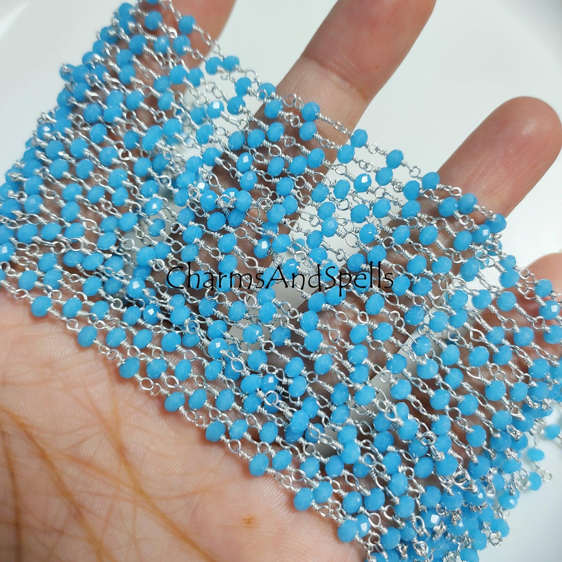 1 Feet Chain, Blue Chalcedony Beaded Rosary Chain, Silver Plated Rondelle 3-3.5 mm Gemstone Rosary Chain, DIY Jewelry, Handmade Chain Wholesale Bead Chain - Charms And Spells