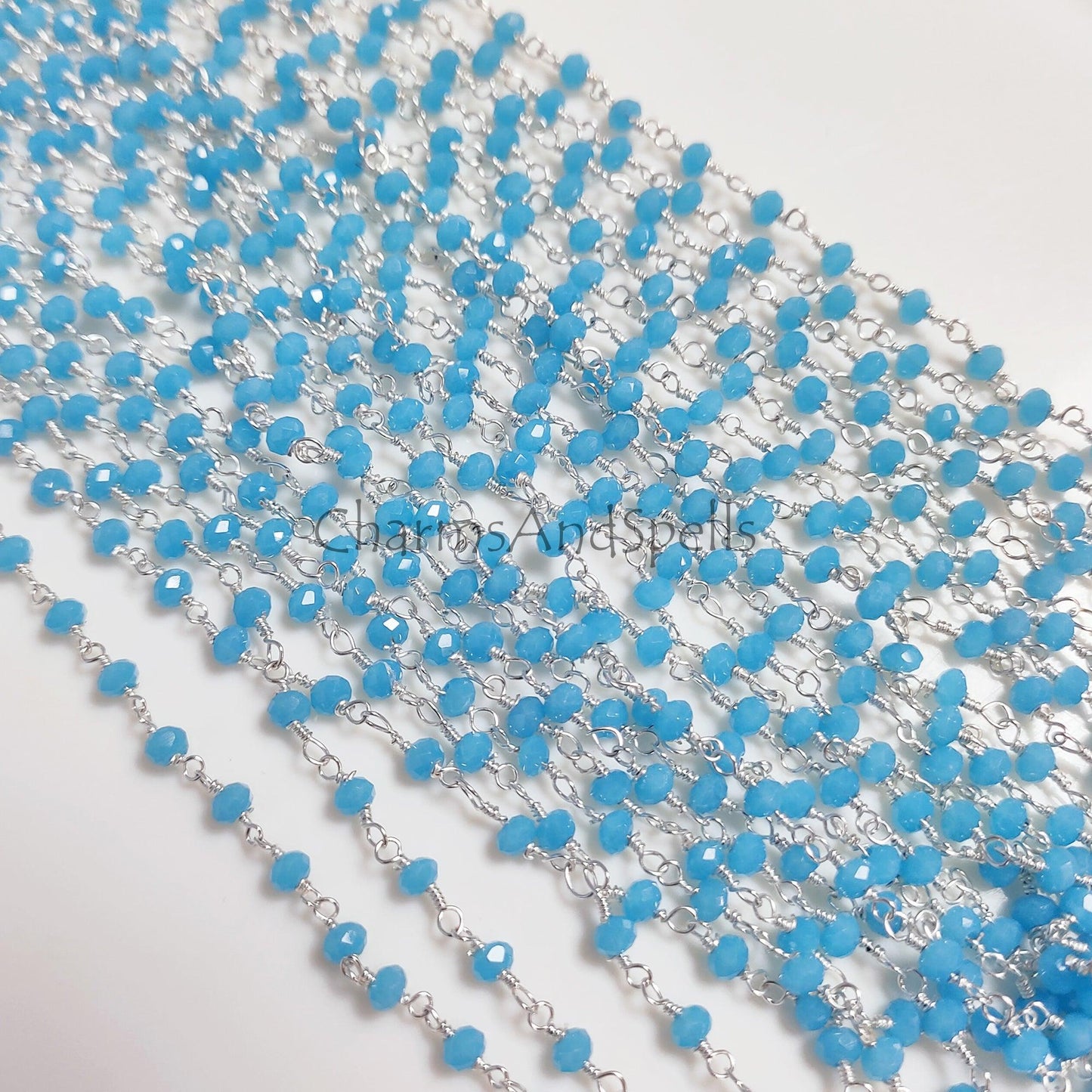 1 Feet Chain, Blue Chalcedony Beaded Rosary Chain, Silver Plated Rondelle 3-3.5 mm Gemstone Rosary Chain, DIY Jewelry, Handmade Chain Wholesale Bead Chain - Charms And Spells