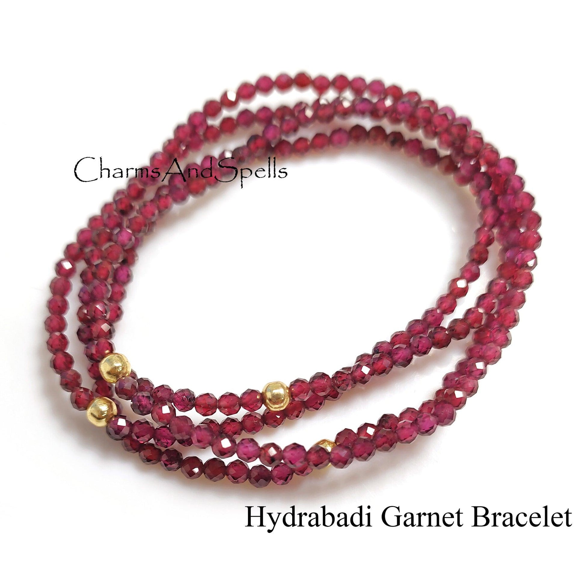 Hyderabadi Garnet Bracelet, Beaded Red Gemstone Elastic Stacking Jewelry, Delicate Stretch Faceted Small Beads, Healing Crystals Bracelet - Charms And Spells