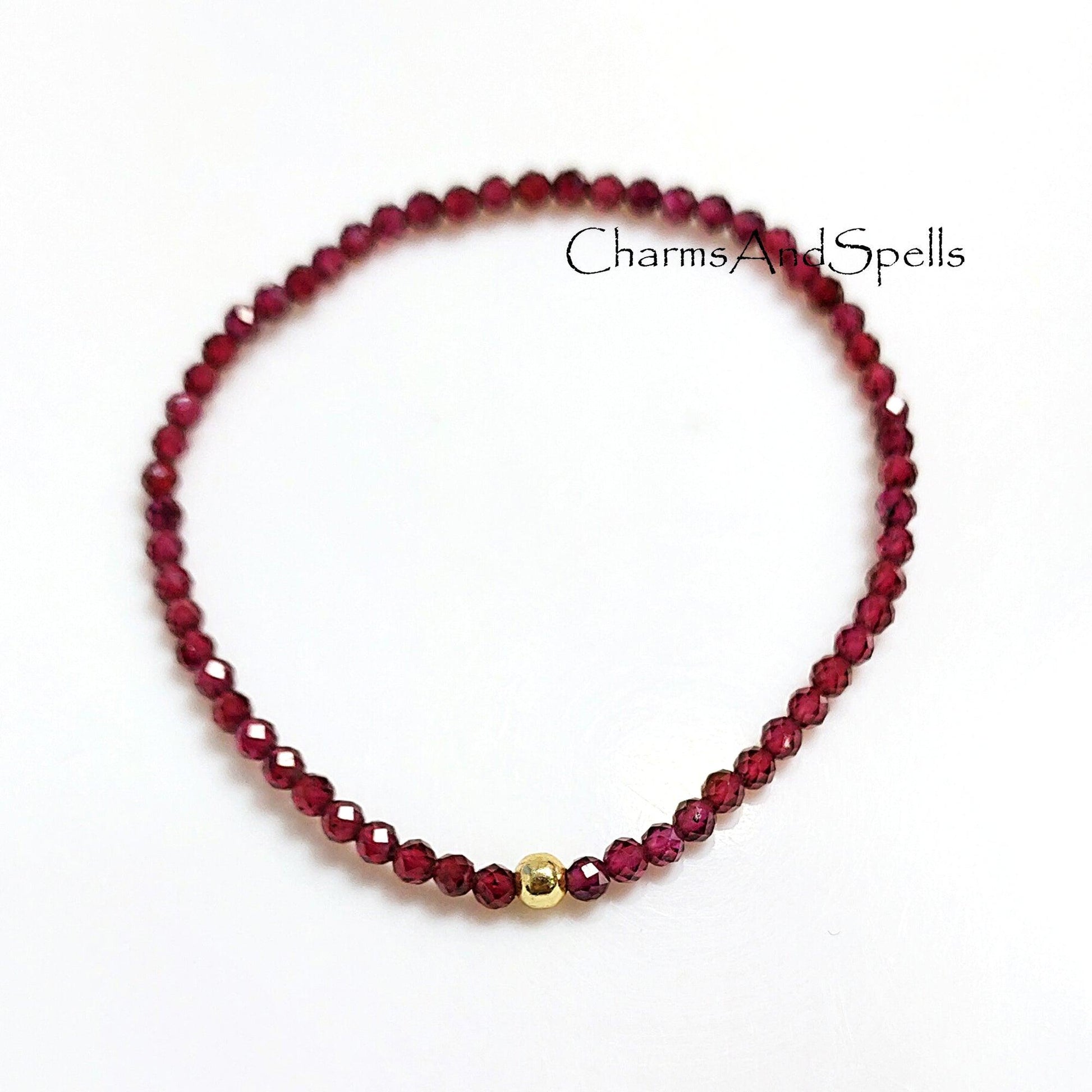 Hyderabadi Garnet Bracelet, Beaded Red Gemstone Elastic Stacking Jewelry, Delicate Stretch Faceted Small Beads, Healing Crystals Bracelet - Charms And Spells