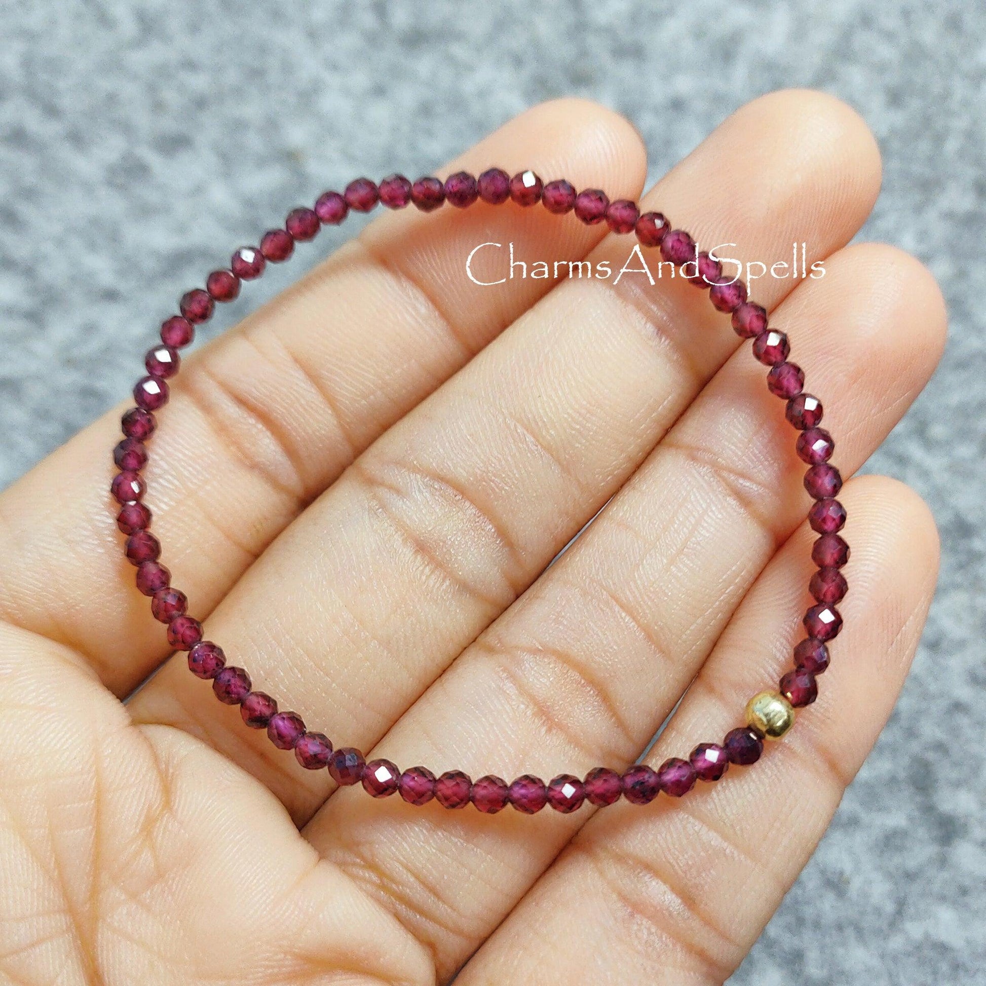 Hyderabadi Garnet Bracelet, Beaded Red Gemstone Elastic Stacking Jewelry, Delicate Stretch Faceted Small Beads, Healing Crystals Bracelet - Charms And Spells