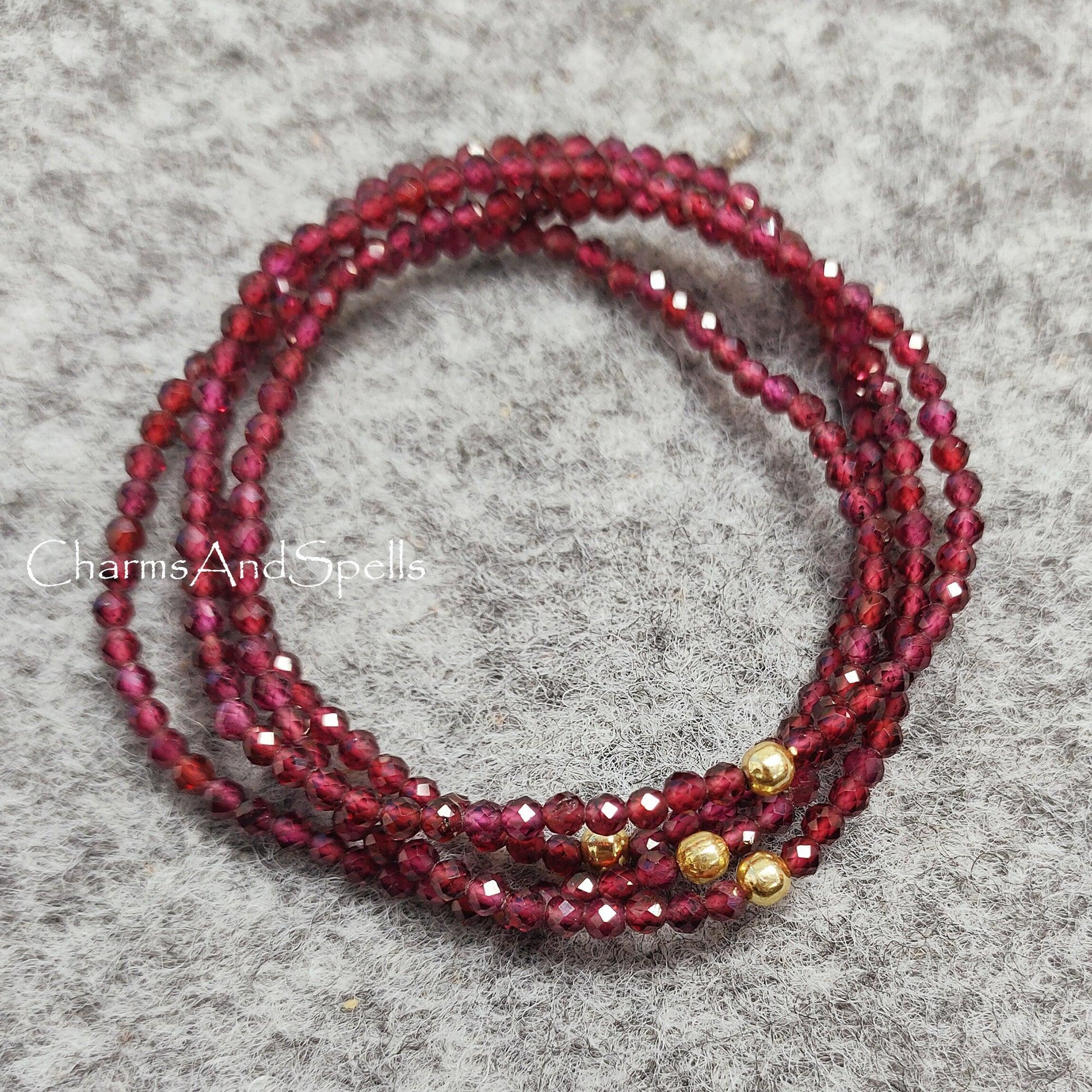 Hyderabadi Garnet Bracelet, Beaded Red Gemstone Elastic Stacking Jewelry, Delicate Stretch Faceted Small Beads, Healing Crystals Bracelet - Charms And Spells