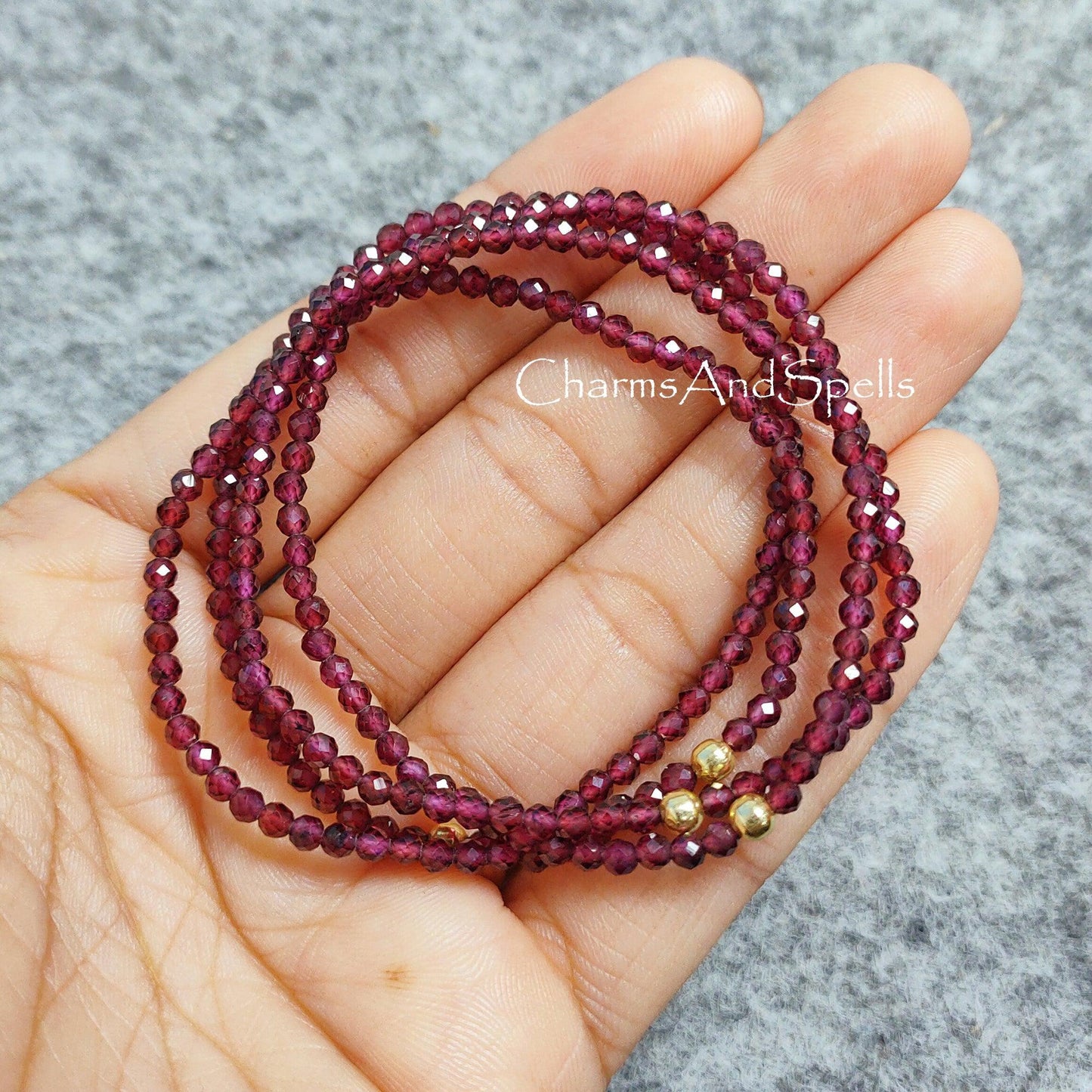 Hyderabadi Garnet Bracelet, Beaded Red Gemstone Elastic Stacking Jewelry, Delicate Stretch Faceted Small Beads, Healing Crystals Bracelet - Charms And Spells