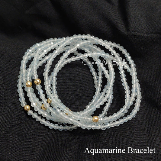 Aquamarine Stretch Bracelet, Dainty Beaded Gemstone Jewelry, March Birthstone Crystal Gift, Aquamarine Stretch Bracelet, Stacking Bracelet - Charms And Spells