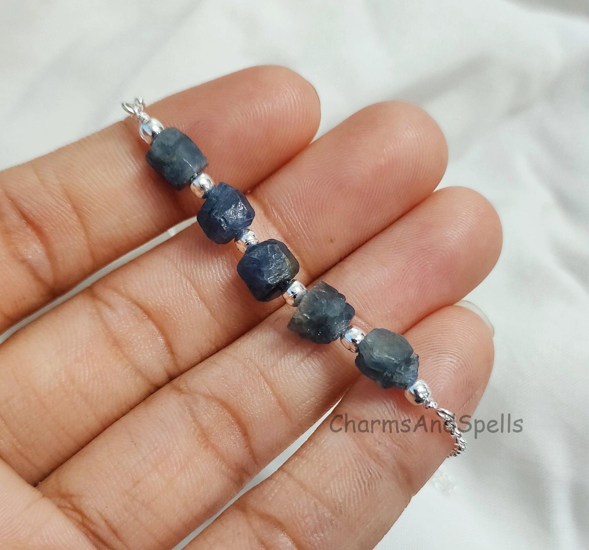 Rough Sapphire Bracelet, Raw Blue Sapphire Bracelet, Raw Sapphire September Birthstone Bracelet, Silver Plated Bracelet, Gemstone Bracelet - Charms And Spells