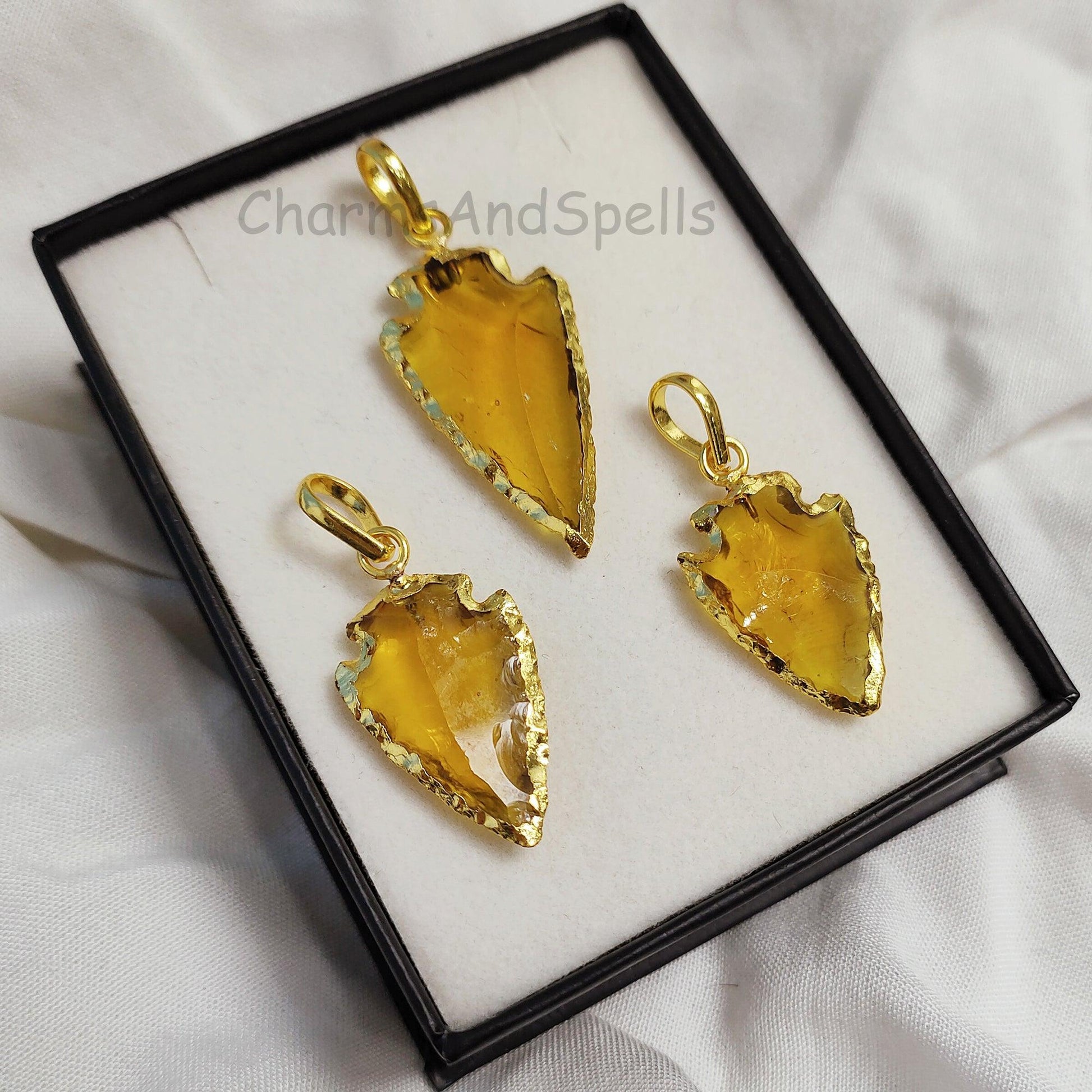 Citrine Arrowhead Pendant, Citrine Heated Arrowhead, Citrine Arrowhead Jewelry, Electroplated Jewelry, Gemstone Pendant, Raw Citrine Pendant - Charms And Spells