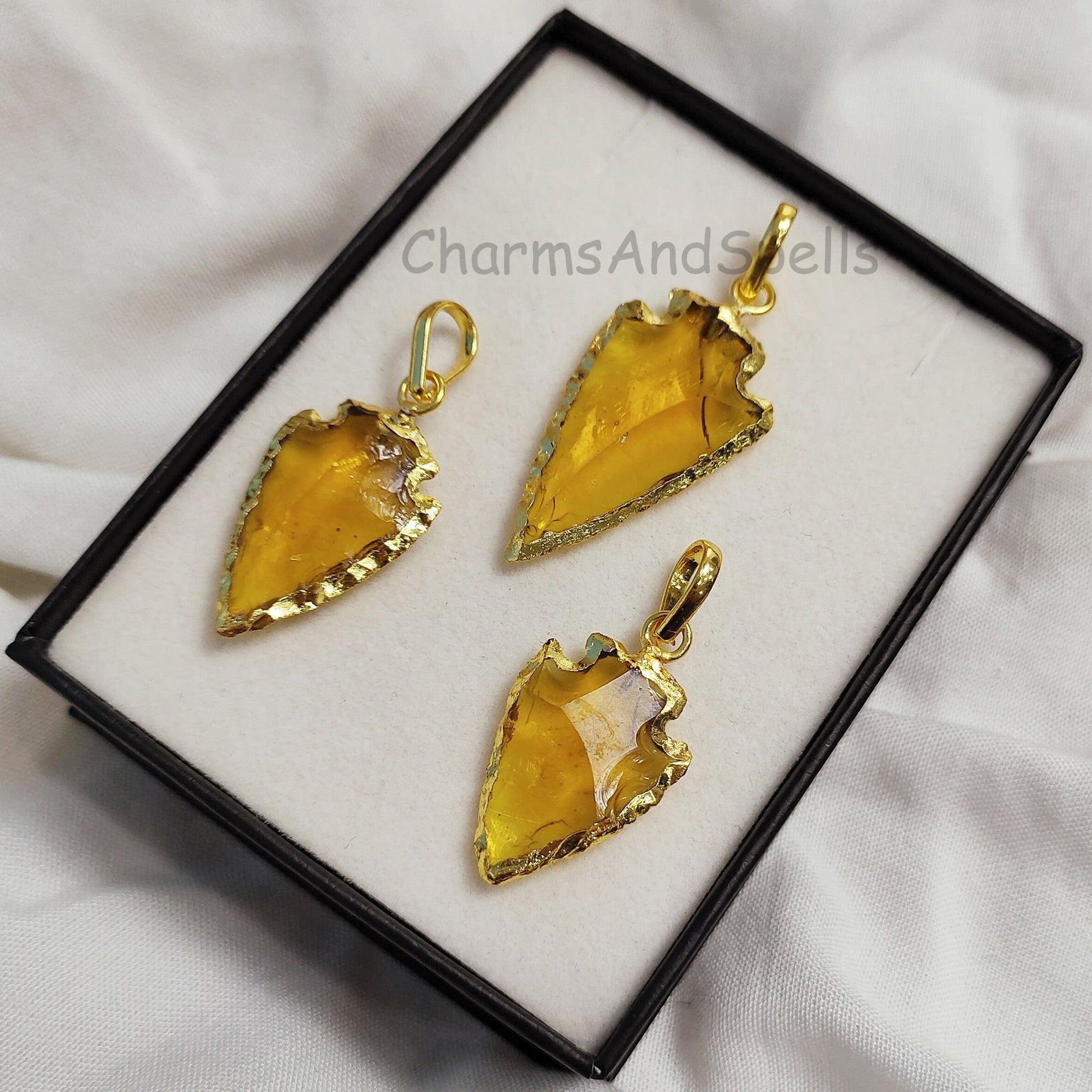 Citrine Arrowhead Pendant, Citrine Heated Arrowhead, Citrine Arrowhead Jewelry, Electroplated Jewelry, Gemstone Pendant, Raw Citrine Pendant - Charms And Spells