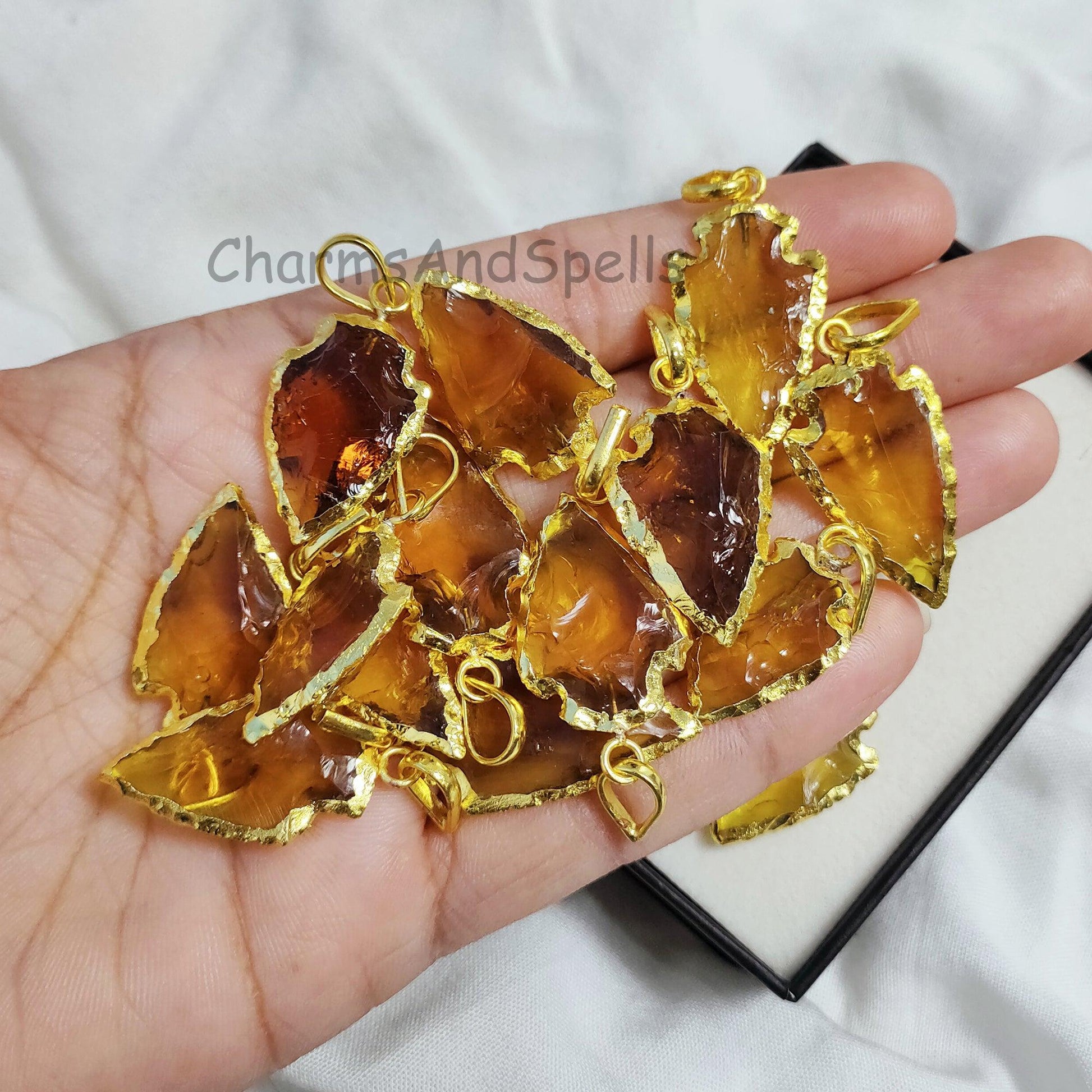 Citrine Arrowhead Pendant, Citrine Heated Arrowhead, Citrine Arrowhead Jewelry, Electroplated Jewelry, Gemstone Pendant, Raw Citrine Pendant - Charms And Spells