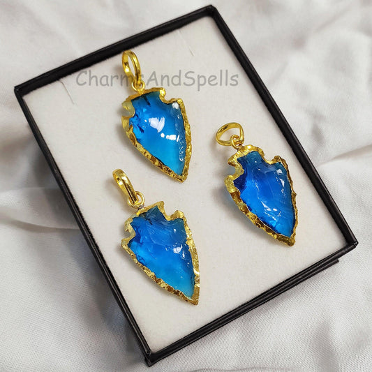 Blue Topaz Quartz Arrowhead Pendant, Gold Electroplated Pendant, Arrow Head Pendant Charm, Arrowhead Jewelry, Gemstone Pendant, Boho Jewelry - Charms And Spells