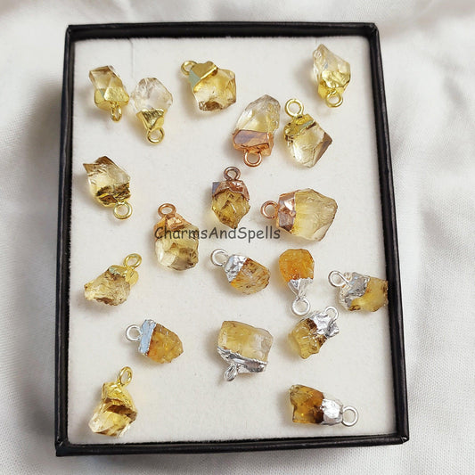 Natural Yellow Citrine Gemstone Connector, November Birthstone Connectors, Rough Gemstone Pendant, Electroplated Pendant, Boho Pendant, Gift - Charms And Spells