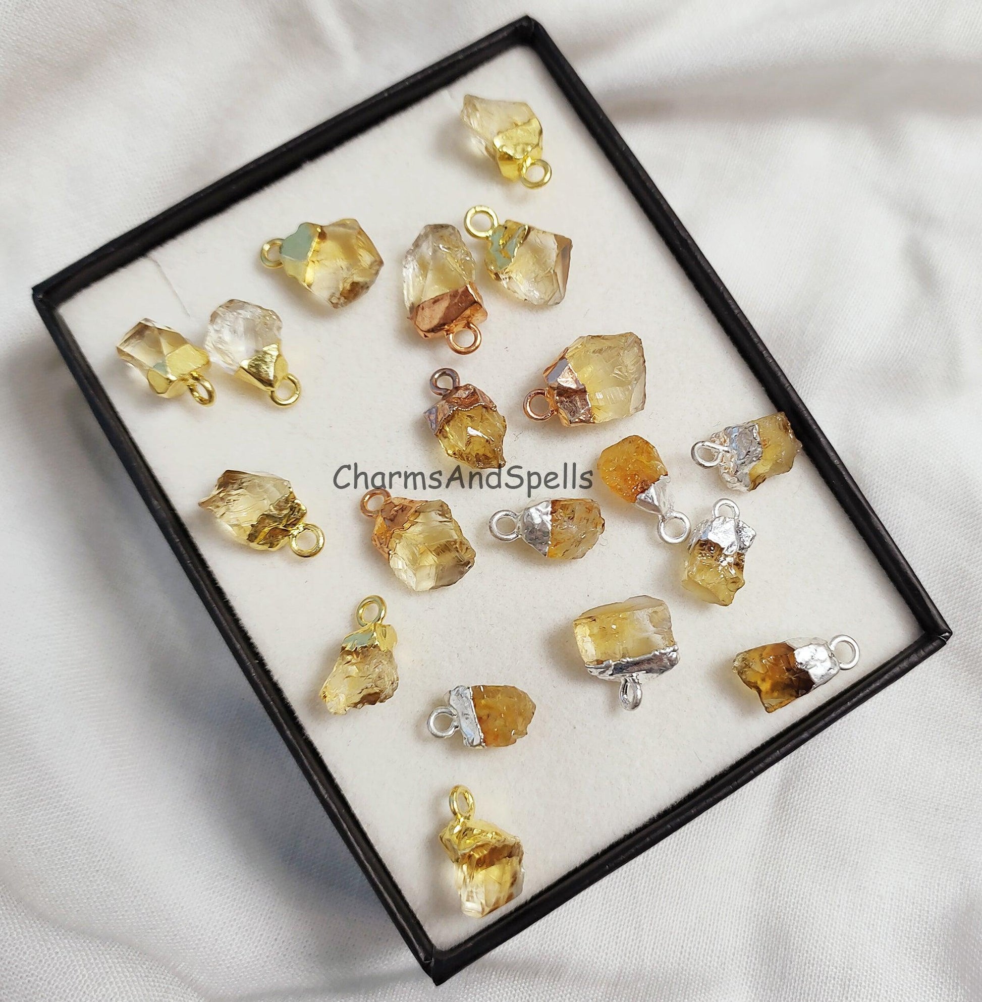 Natural Yellow Citrine Gemstone Connector, November Birthstone Connectors, Rough Gemstone Pendant, Electroplated Pendant, Boho Pendant, Gift - Charms And Spells