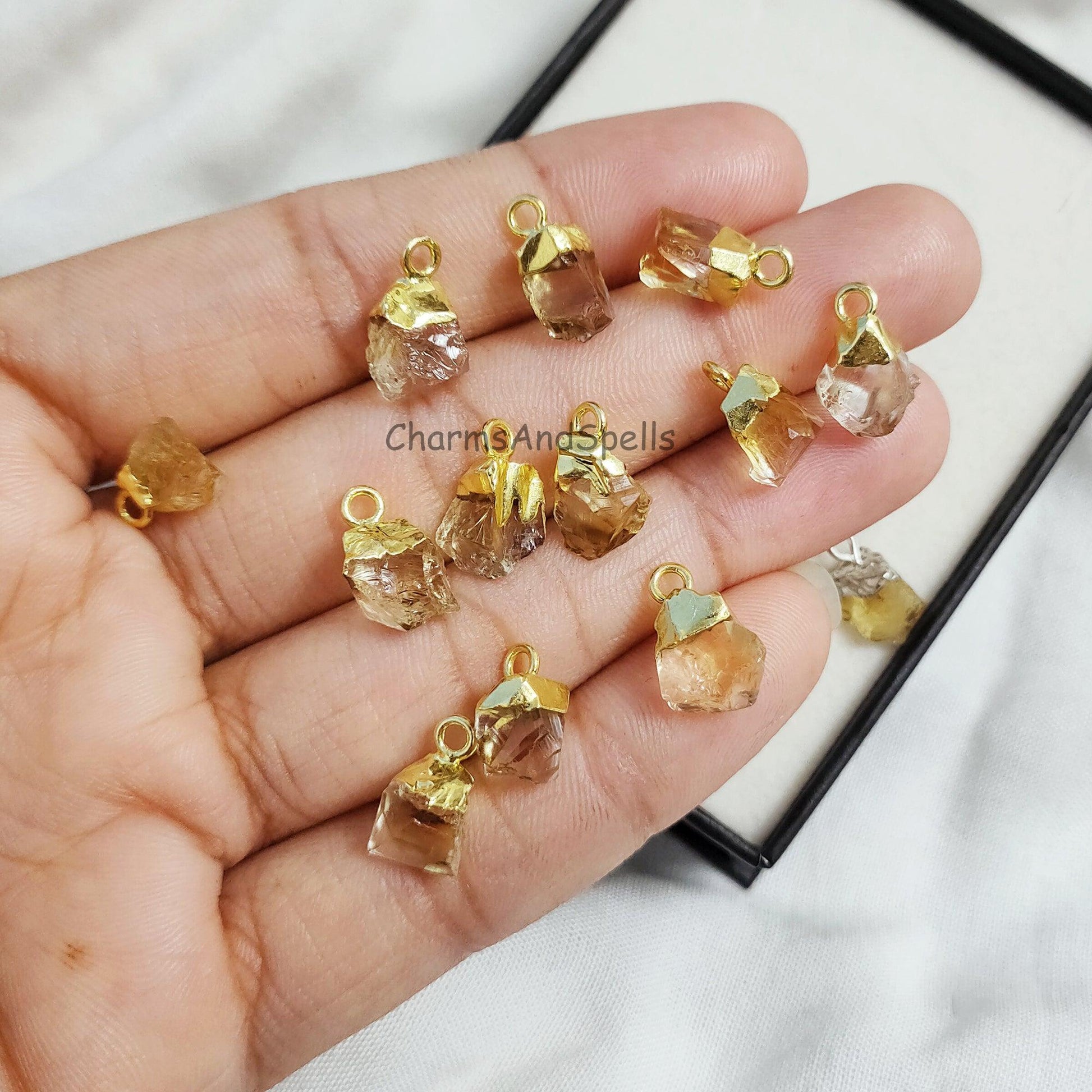 Natural Yellow Citrine Gemstone Connector, November Birthstone Connectors, Rough Gemstone Pendant, Electroplated Pendant, Boho Pendant, Gift - Charms And Spells