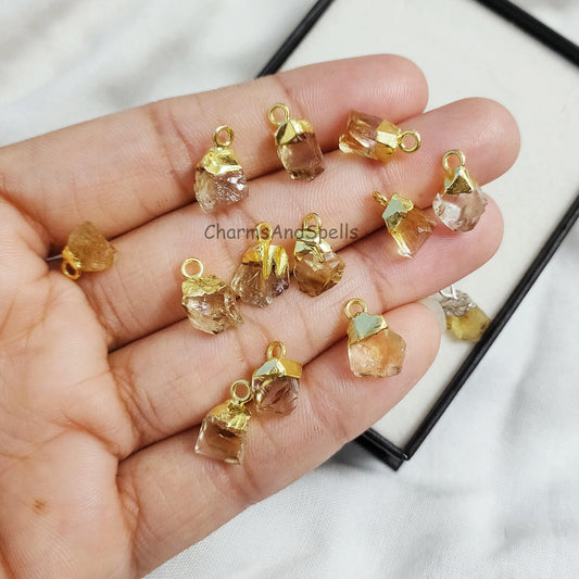 Natural Yellow Citrine Gemstone Connector, November Birthstone Connectors, Rough Gemstone Pendant, Electroplated Pendant, Boho Pendant, Gift - Charms And Spells