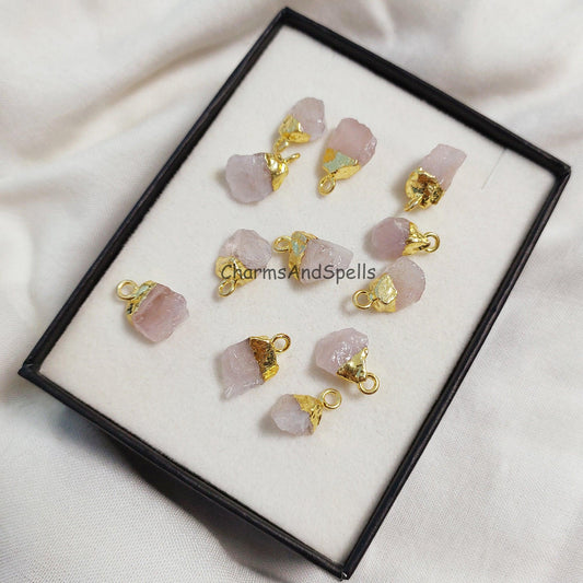 Natural Rose Quartz Connector, Rough Gemstone Pendant, gold Plated Pendant, Gemstone Charm Pendant, Raw Stone Connector, Quartz Charm, gift - Charms And Spells