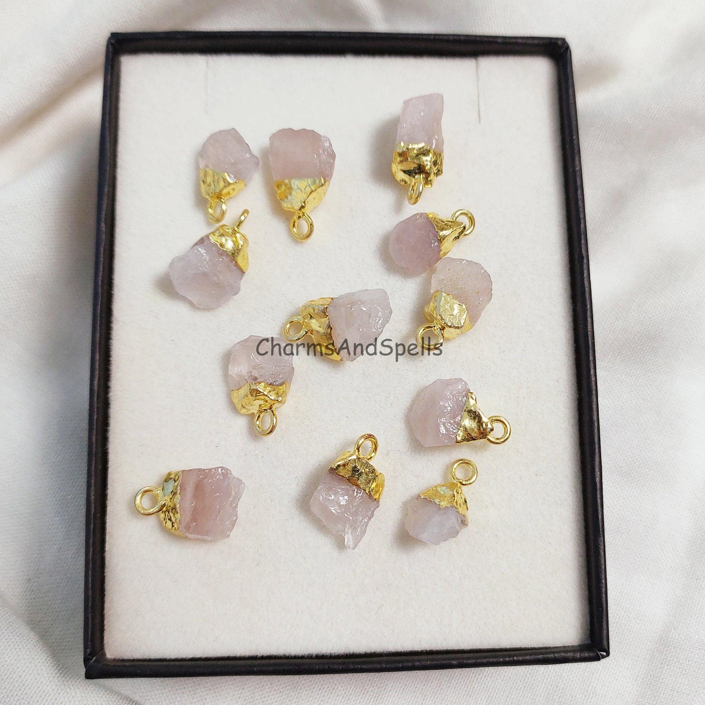 Natural Rose Quartz Connector, Rough Gemstone Pendant, gold Plated Pendant, Gemstone Charm Pendant, Raw Stone Connector, Quartz Charm, gift - Charms And Spells