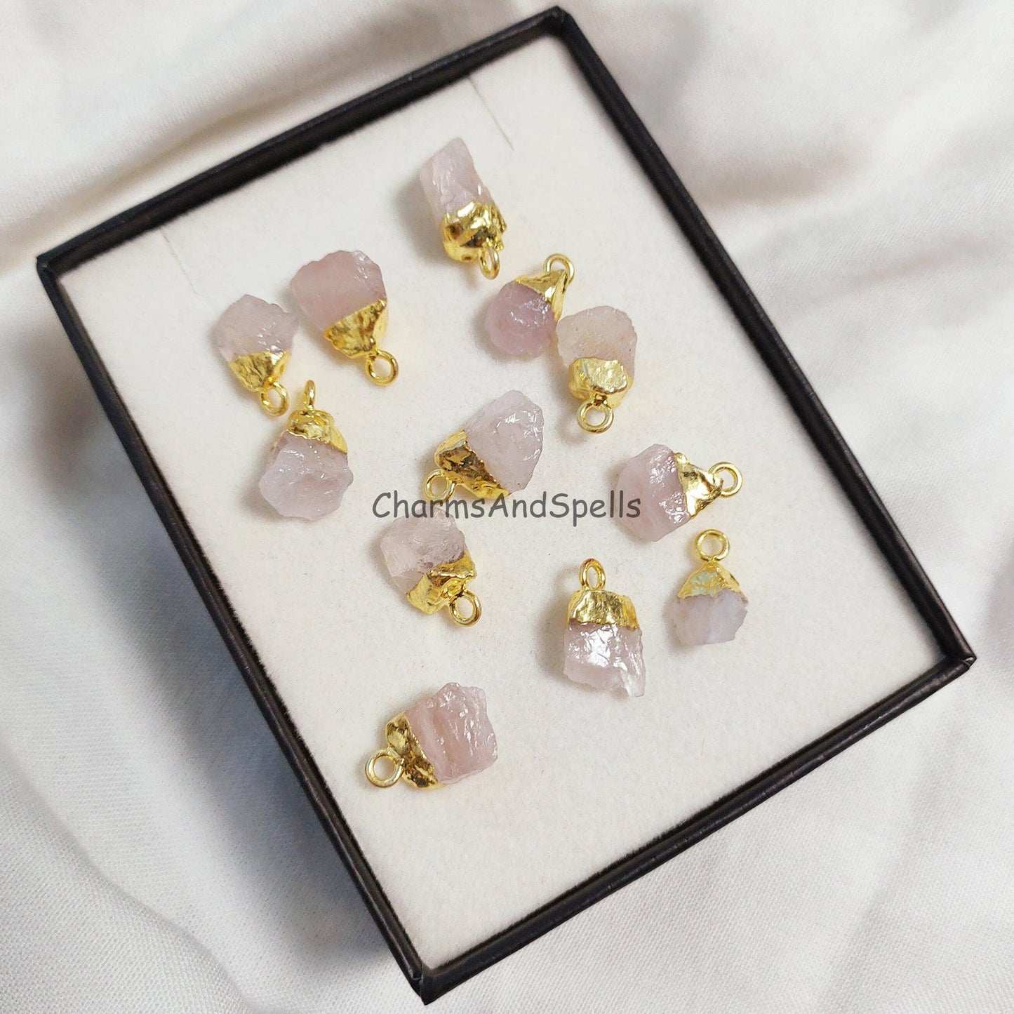 Natural Rose Quartz Connector, Rough Gemstone Pendant, gold Plated Pendant, Gemstone Charm Pendant, Raw Stone Connector, Quartz Charm, gift - Charms And Spells