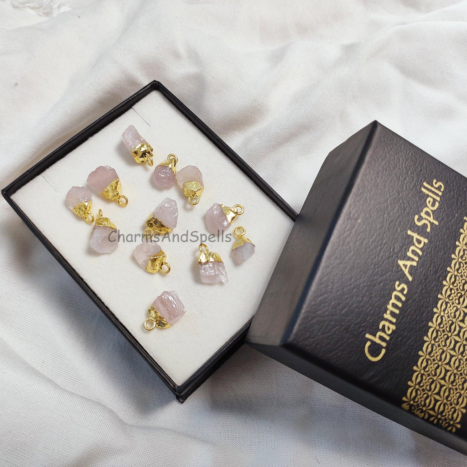 Natural Rose Quartz Connector, Rough Gemstone Pendant, gold Plated Pendant, Gemstone Charm Pendant, Raw Stone Connector, Quartz Charm, gift - Charms And Spells