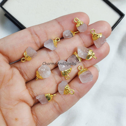 Natural Rose Quartz Connector, Rough Gemstone Pendant, gold Plated Pendant, Gemstone Charm Pendant, Raw Stone Connector, Quartz Charm, gift - Charms And Spells