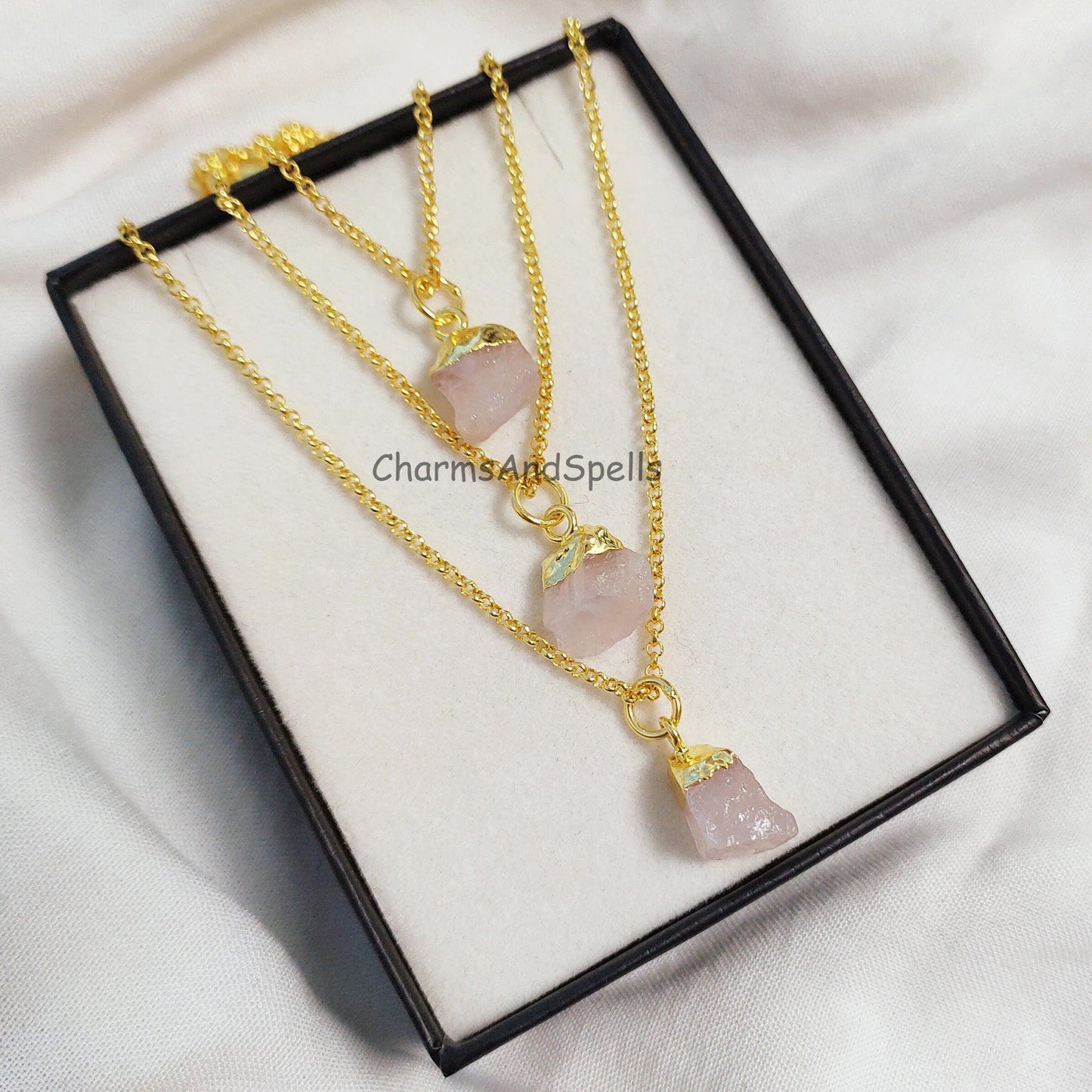 Natural Rose Quartz Necklace, Gold Plated Necklace, Raw Rose Quartz Necklace, Raw Crystal Necklace, Gemstone Pendant, Necklaces For Women - Charms And Spells