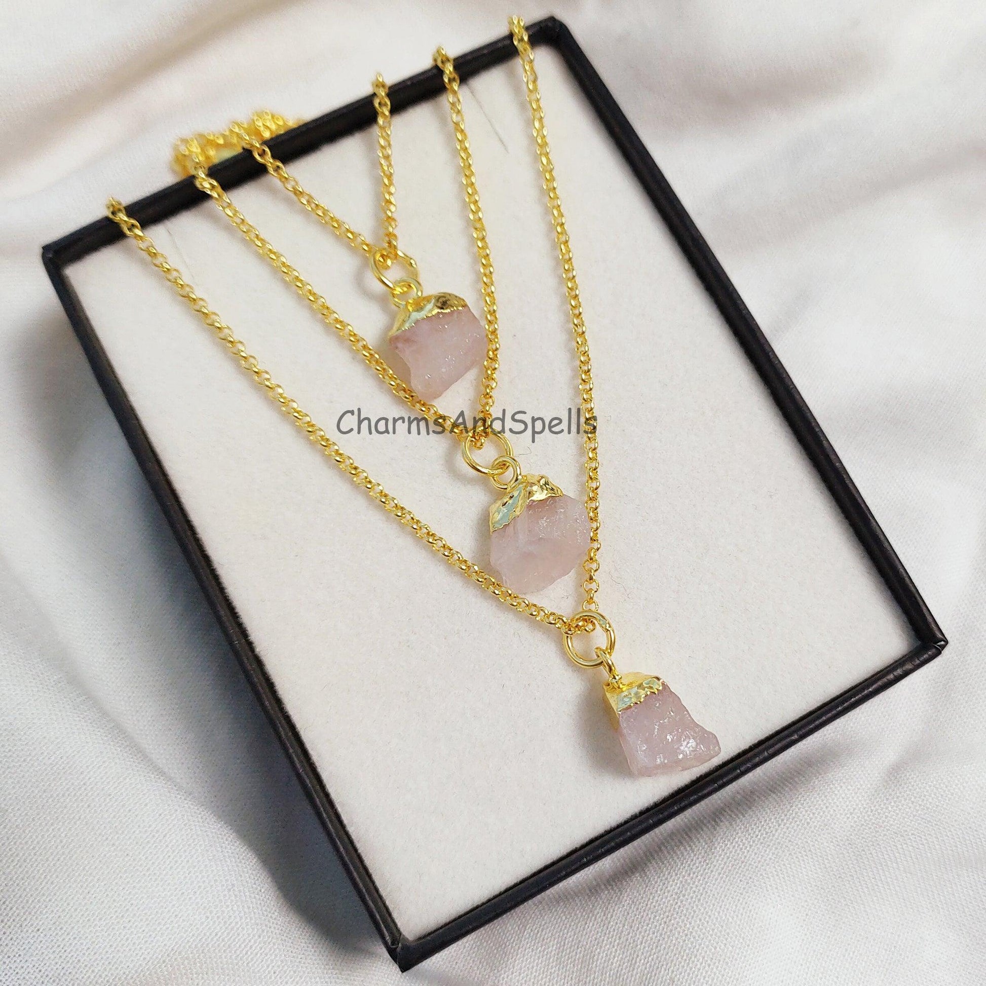 Natural Rose Quartz Necklace, Gold Plated Necklace, Raw Rose Quartz Necklace, Raw Crystal Necklace, Gemstone Pendant, Necklaces For Women - Charms And Spells